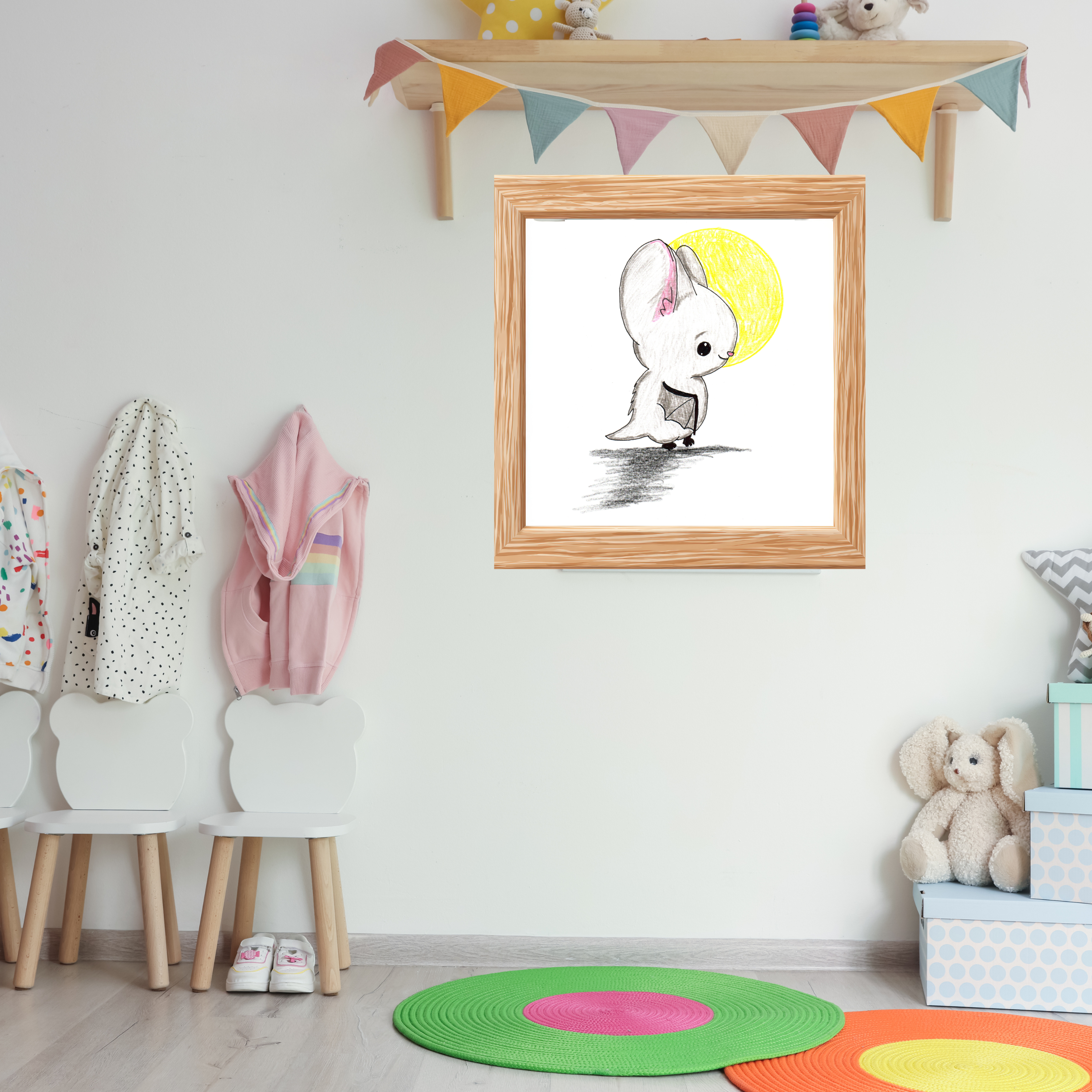 Bat in Moonlight Print, Cute Bat Wall Art, Hand Drawn Nursery Decor, Whimsical Animal Illustration
