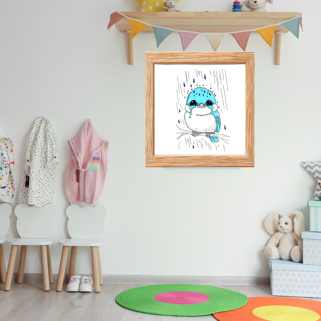 Sad Bluebird in the Rain Poster, Nursery Wall Art, Cute Animal Illustration Print