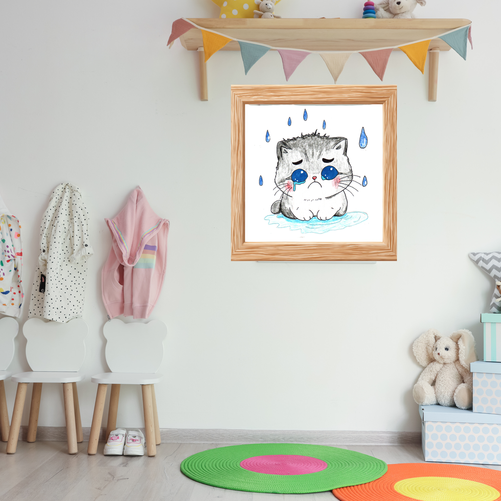 Blue Eyed Kitten in Rain Print, Hand Drawn Cat Wall Art, Sad Kitten Illustration, Nursery Decor, Cat Lover Gift