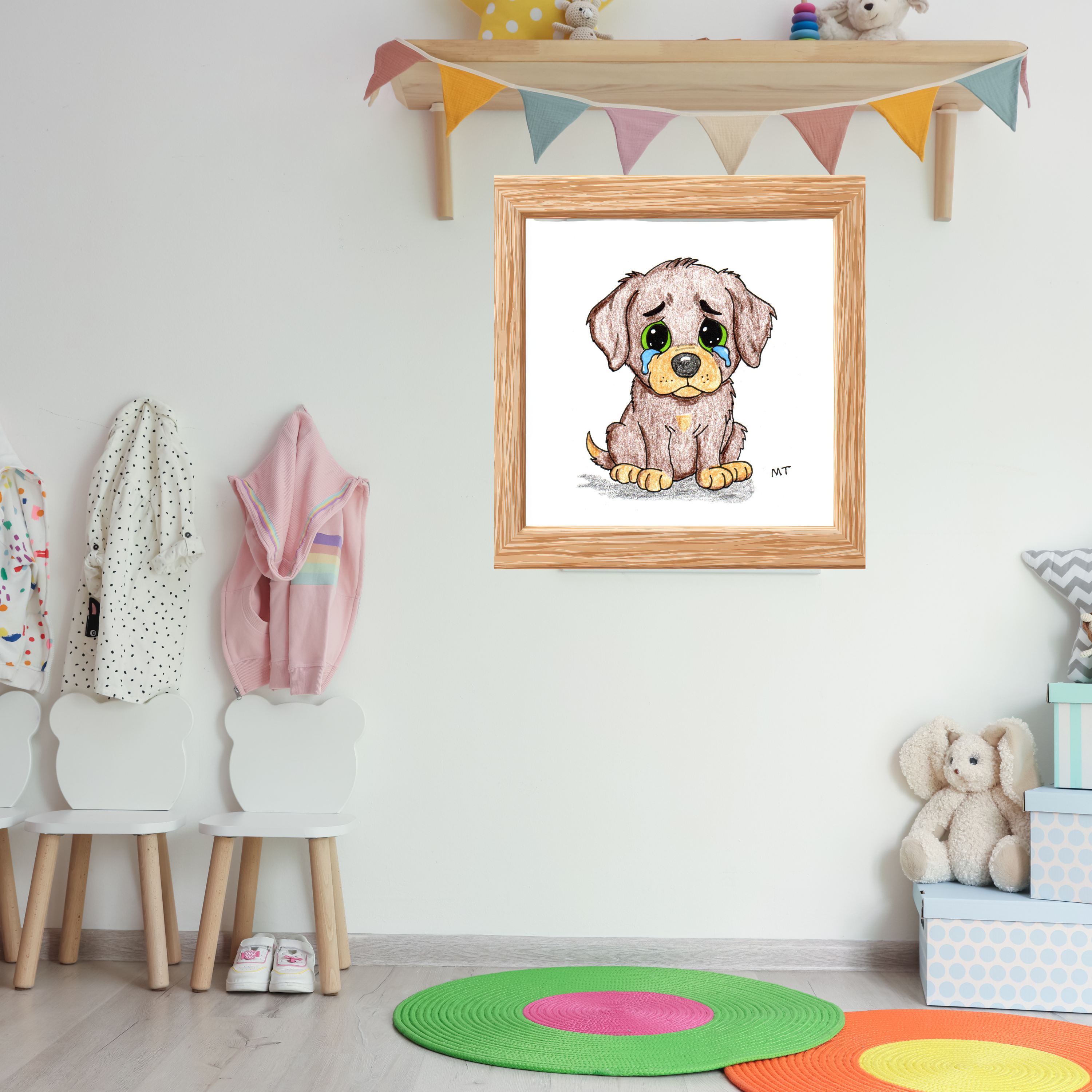 Sad Puppy Wall Art Print, Hand Drawn Dog Illustration, Lost Bone Puppy, Nursery Decor, Kids Room Art
