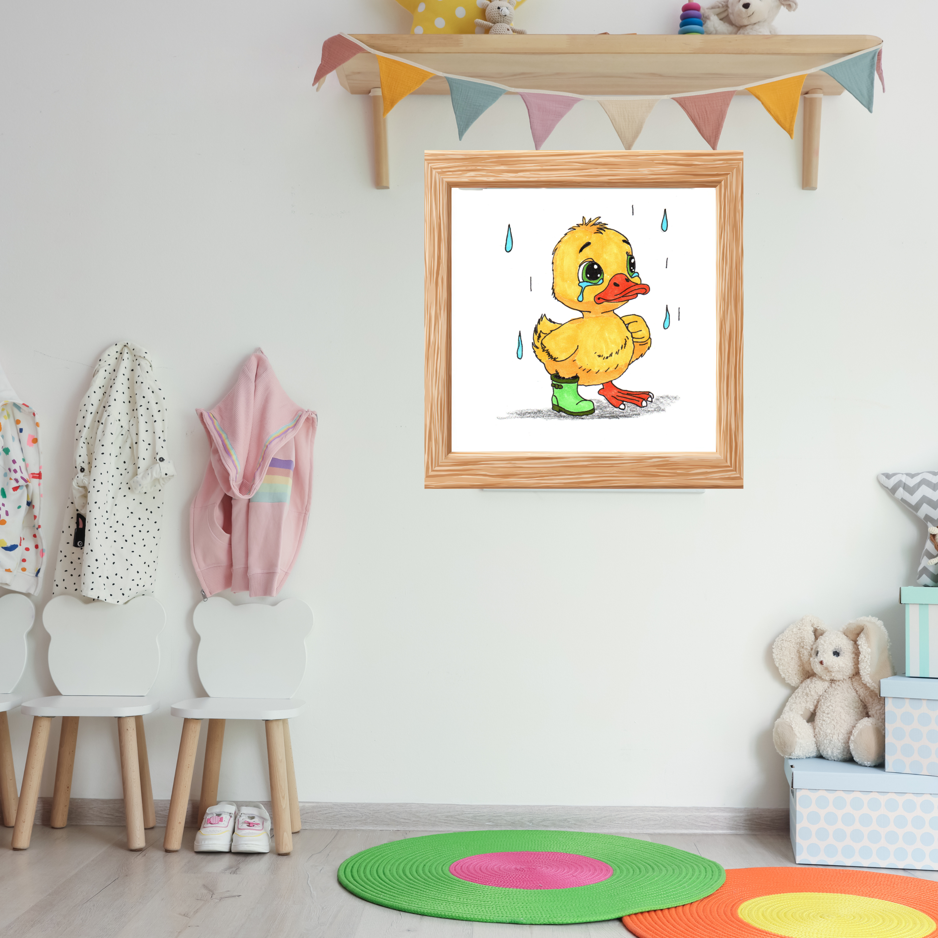 Sad Duck Lost Her Rain Boot Print, Hand Drawn Duckling Wall Art, Nursery Decor, Woodland Critter Illustration