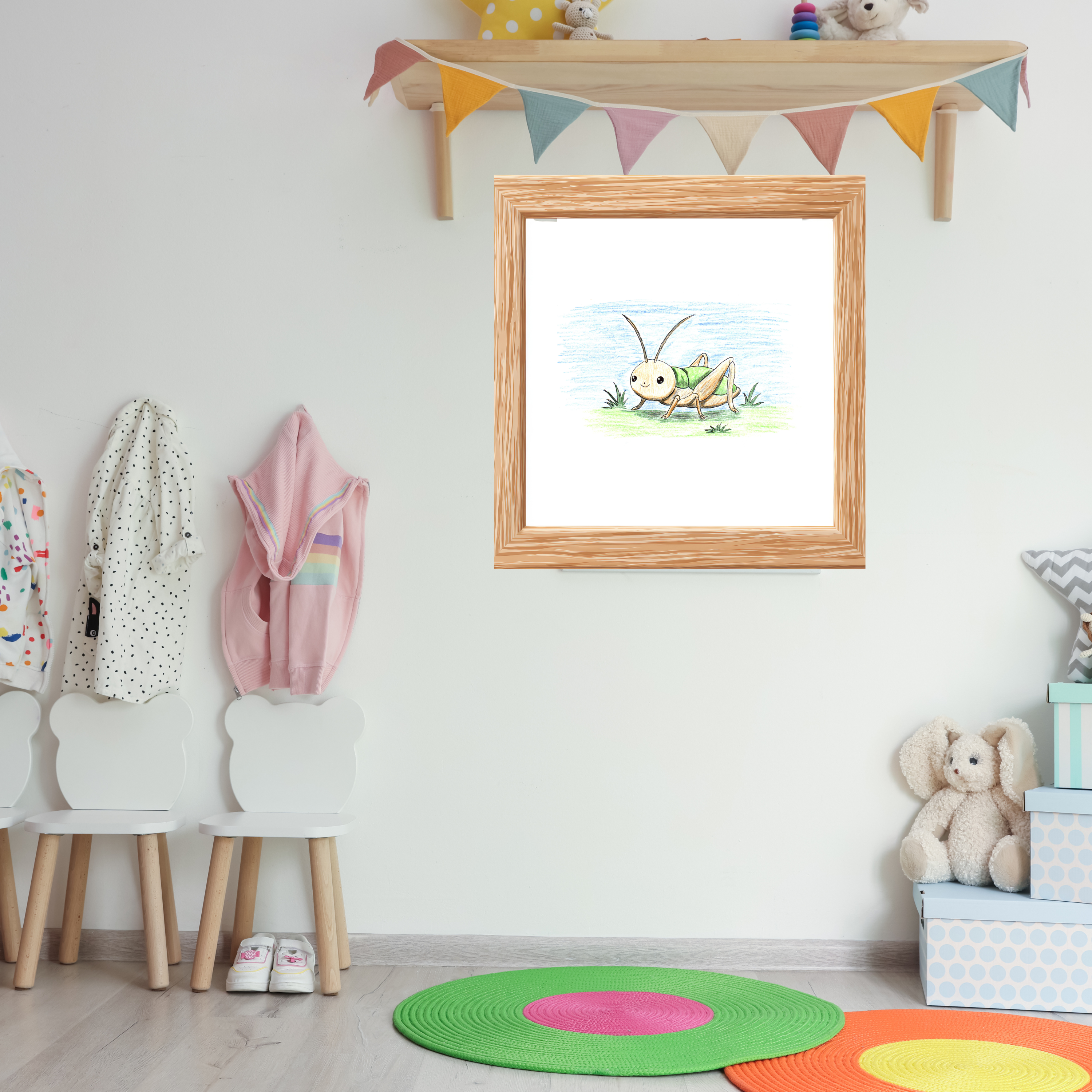 Smiling Cricket in Field Print, Hand Drawn Cricket Wall Art, Nature Nursery Decor, Whimsical Cricket Artwork, 8x10 Print