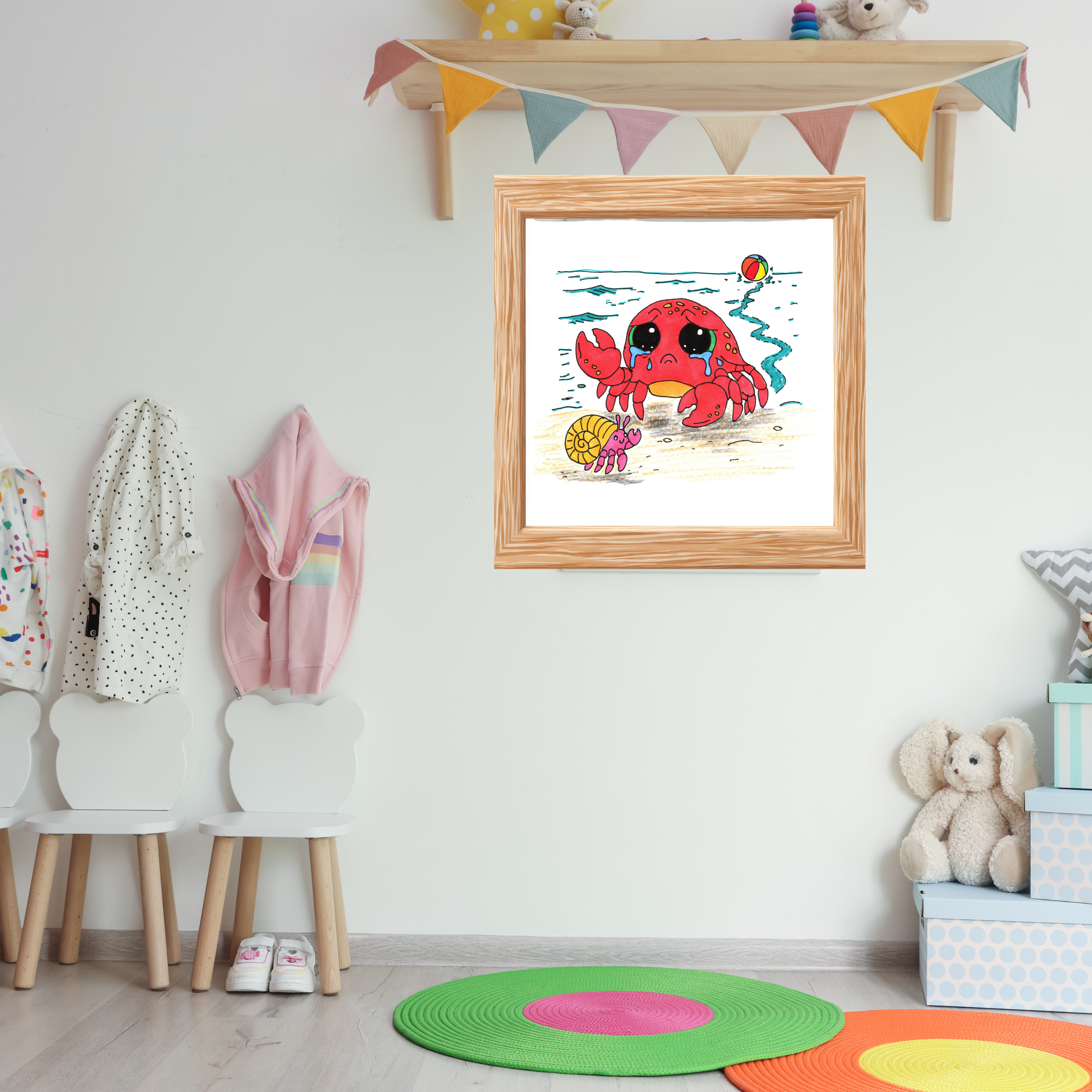 Crab - Sad Crab Finds a New Friend Print, Hand Drawn Crab Wall Art, Beach Friendship Decor, Whimsical Ocean Animal Illustration