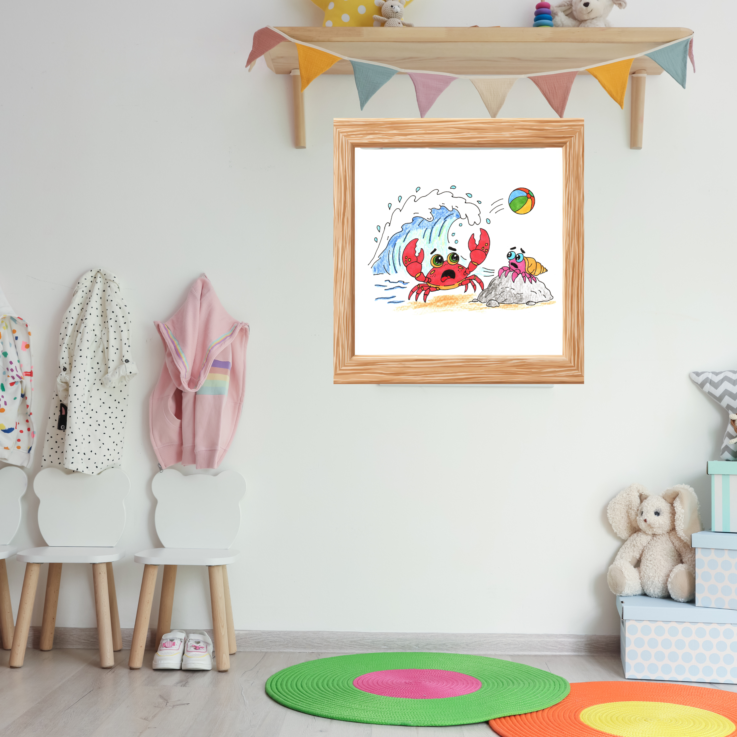 Crab - Big Wave Beach Print, Hand Drawn Crab Wall Art, Ocean Adventure Illustration, Coastal Nursery Decor