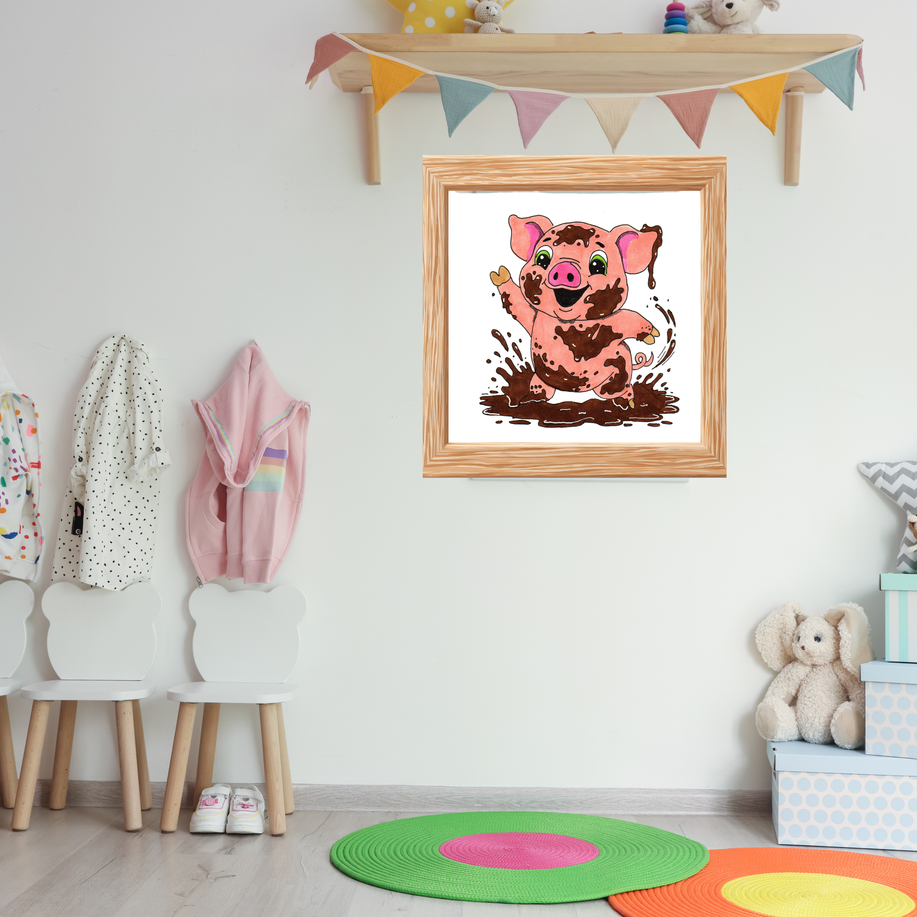 Hand Drawn Pig Found Mud Print, Cute Farm Animal Wall Art, Happy Pig Illustration, Nursery Decor, 8x10 Children's Room Art