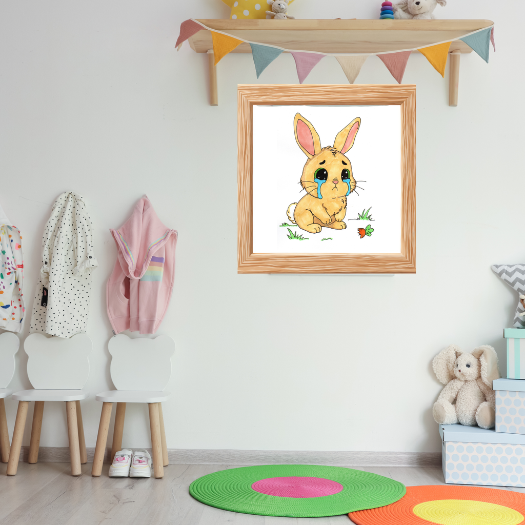 Sad Rabbit ate her last carrot, Poster, Nursery Wall Art, Cute Animal Illustration Print