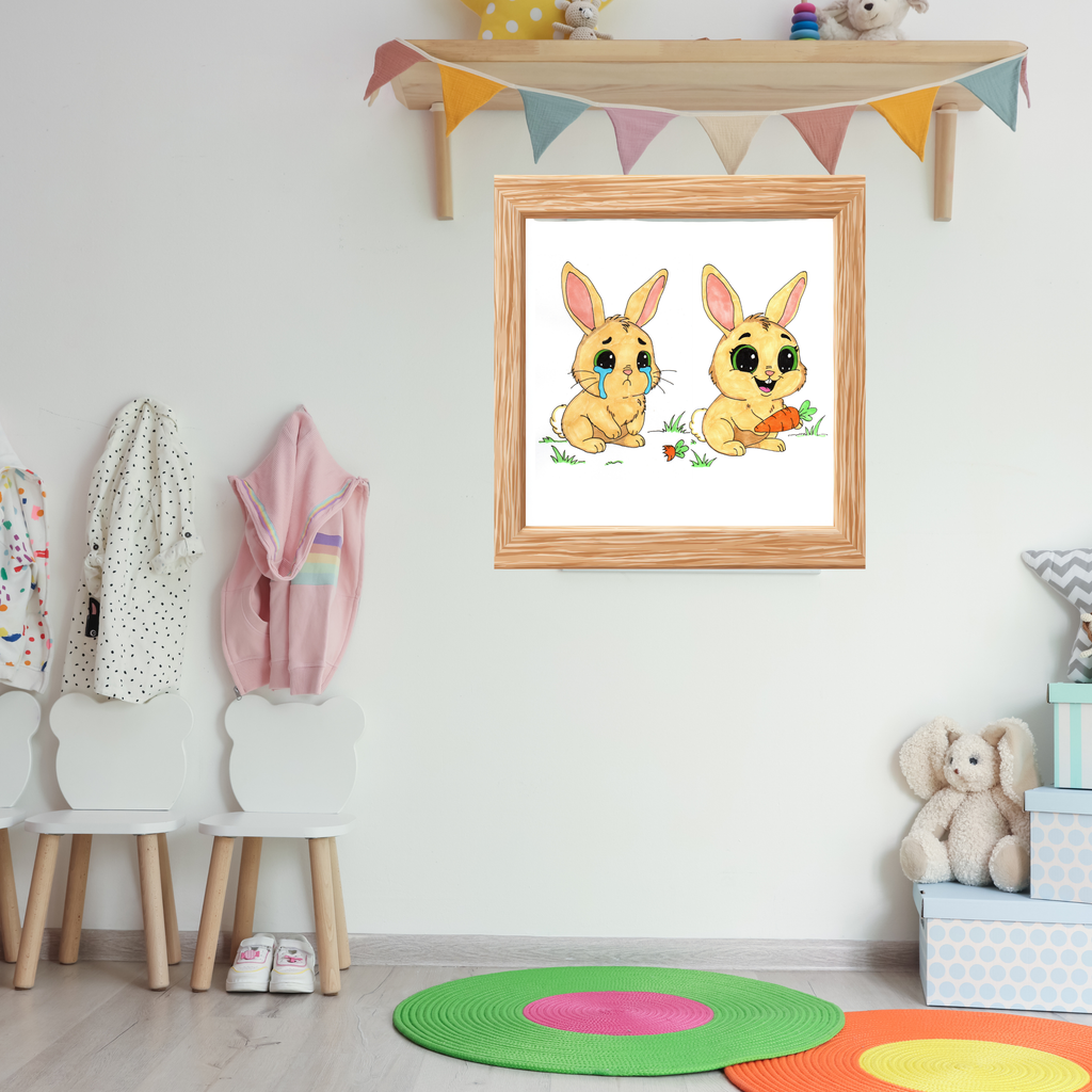 Sad to Happy Rabbit Carrot Story Print, Cute Bunny Wall Art, Hand Drawn Nursery Decor