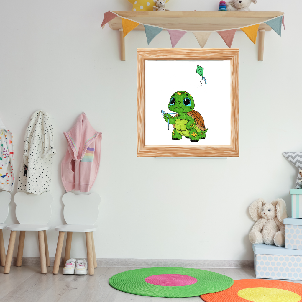 Sad Turtle Lost Her Kite Print, Hand Drawn Turtle Wall Art, Whimsical Nursery Decor, Woodland Animal Illustration