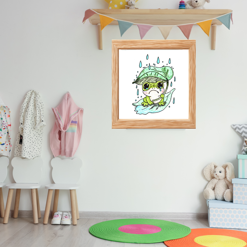 Sad Frog with Leaf Umbrella Print, Hand Drawn Frog Wall Art, Rainy Day Nursery Decor, Whimsical Frog Illustration