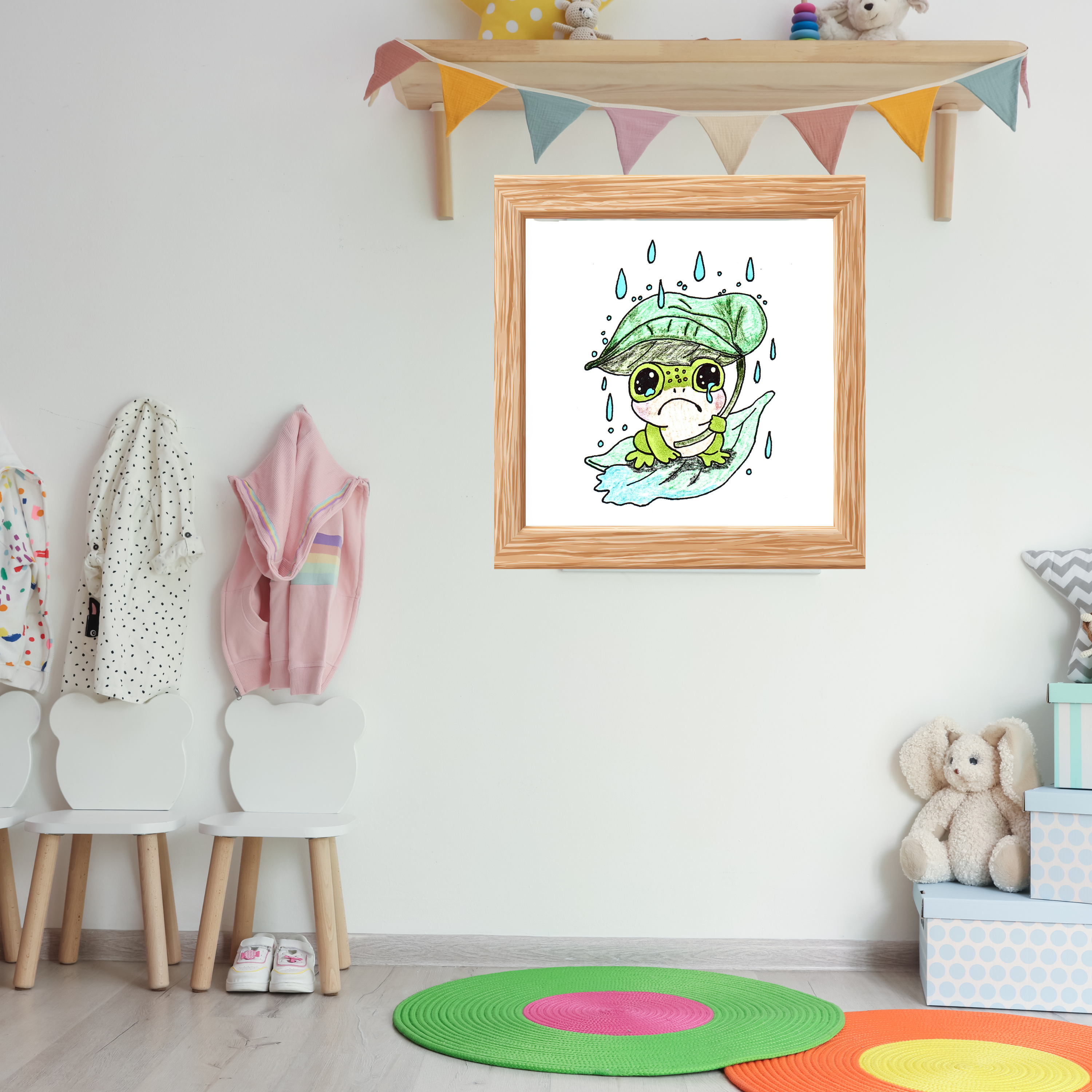 Sad Frog with Leaf Umbrella Print, Hand Drawn Frog Wall Art, Rainy Day Nursery Decor, Whimsical Frog Illustration