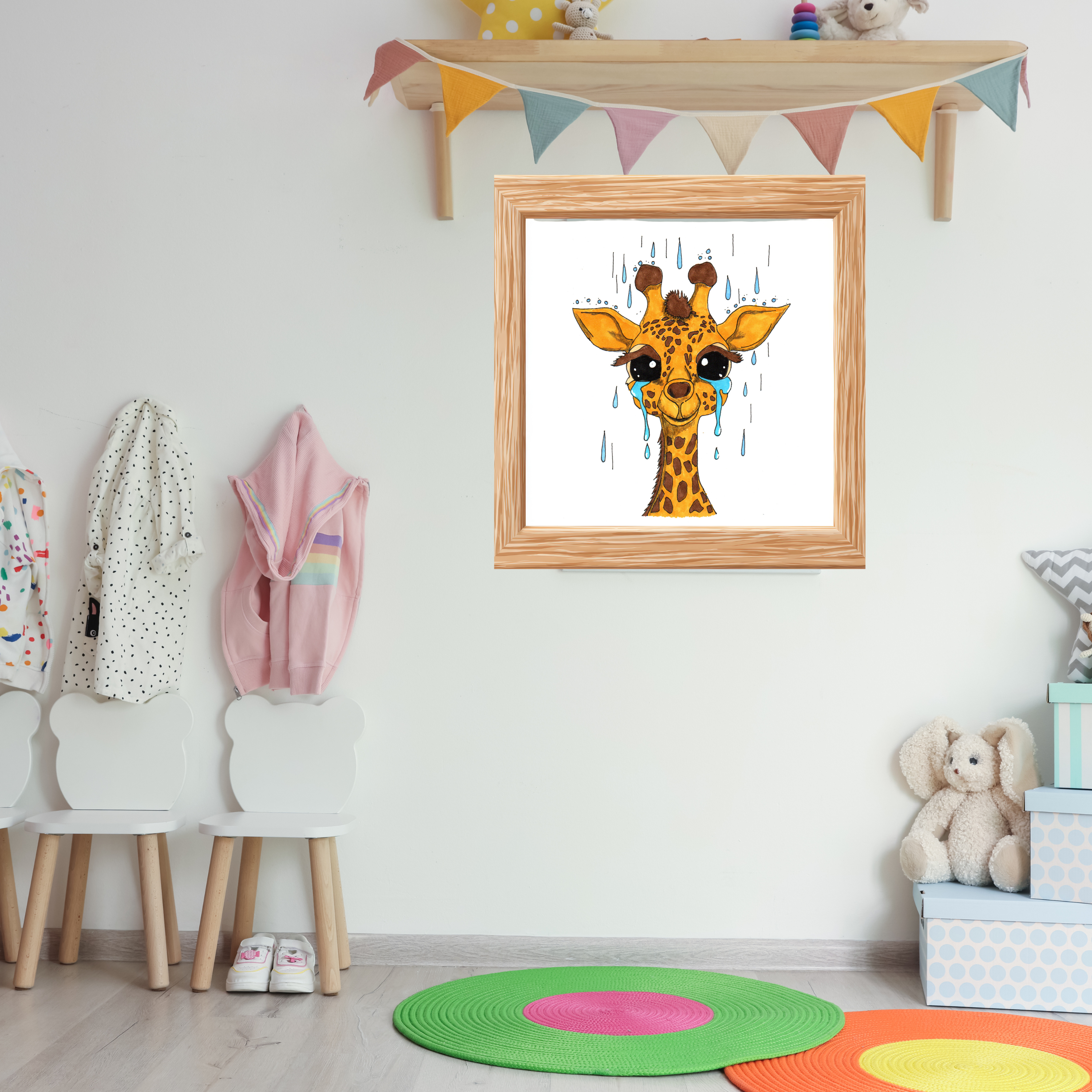 Sad Giraffe in the Rain Poster, Nursery Wall Art, Cute Animal Illustration Print