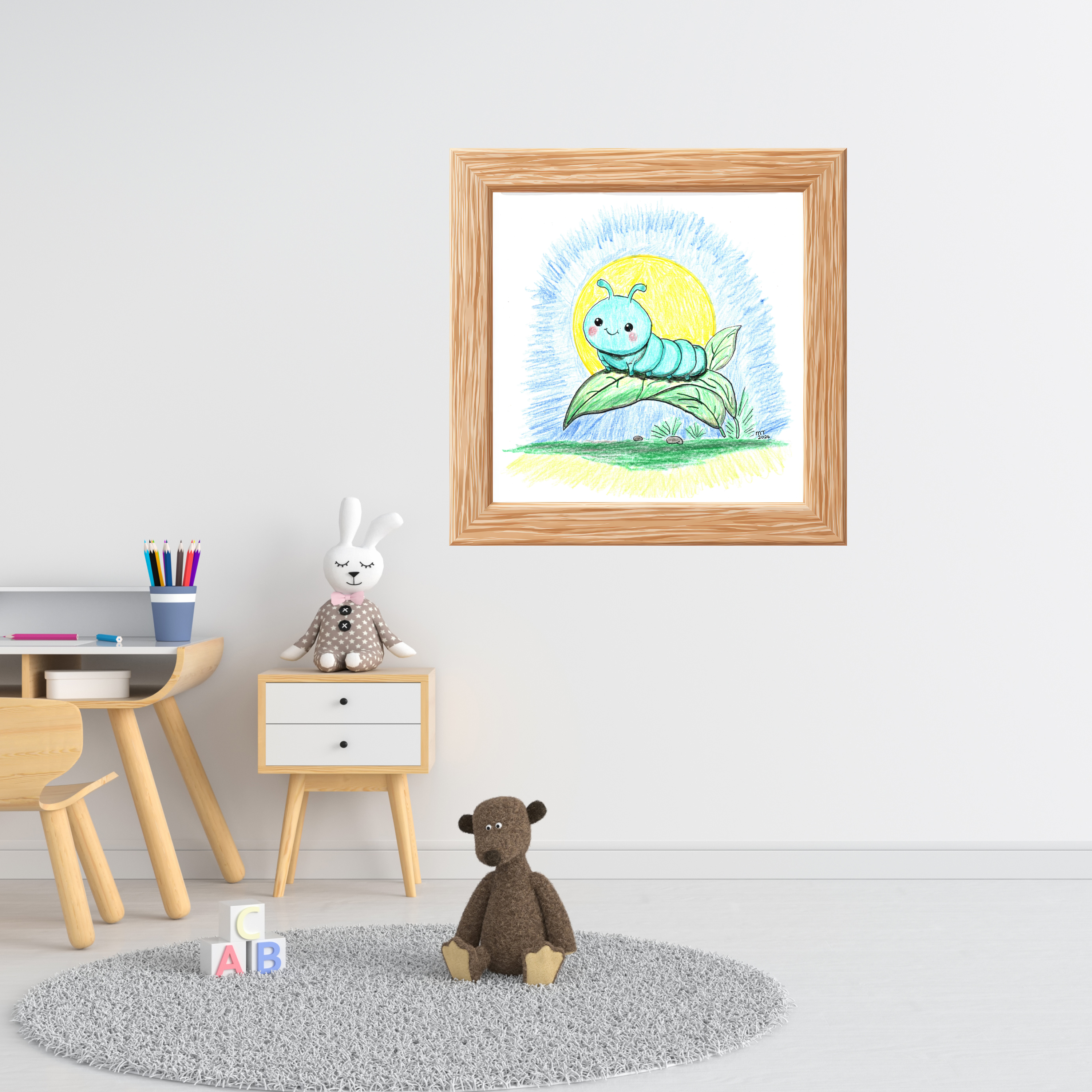 Bobbie the Smiling Inchworm Wall Art | Cute Caterpillar Nursery Print | Hand Drawn Garden Bug Art
