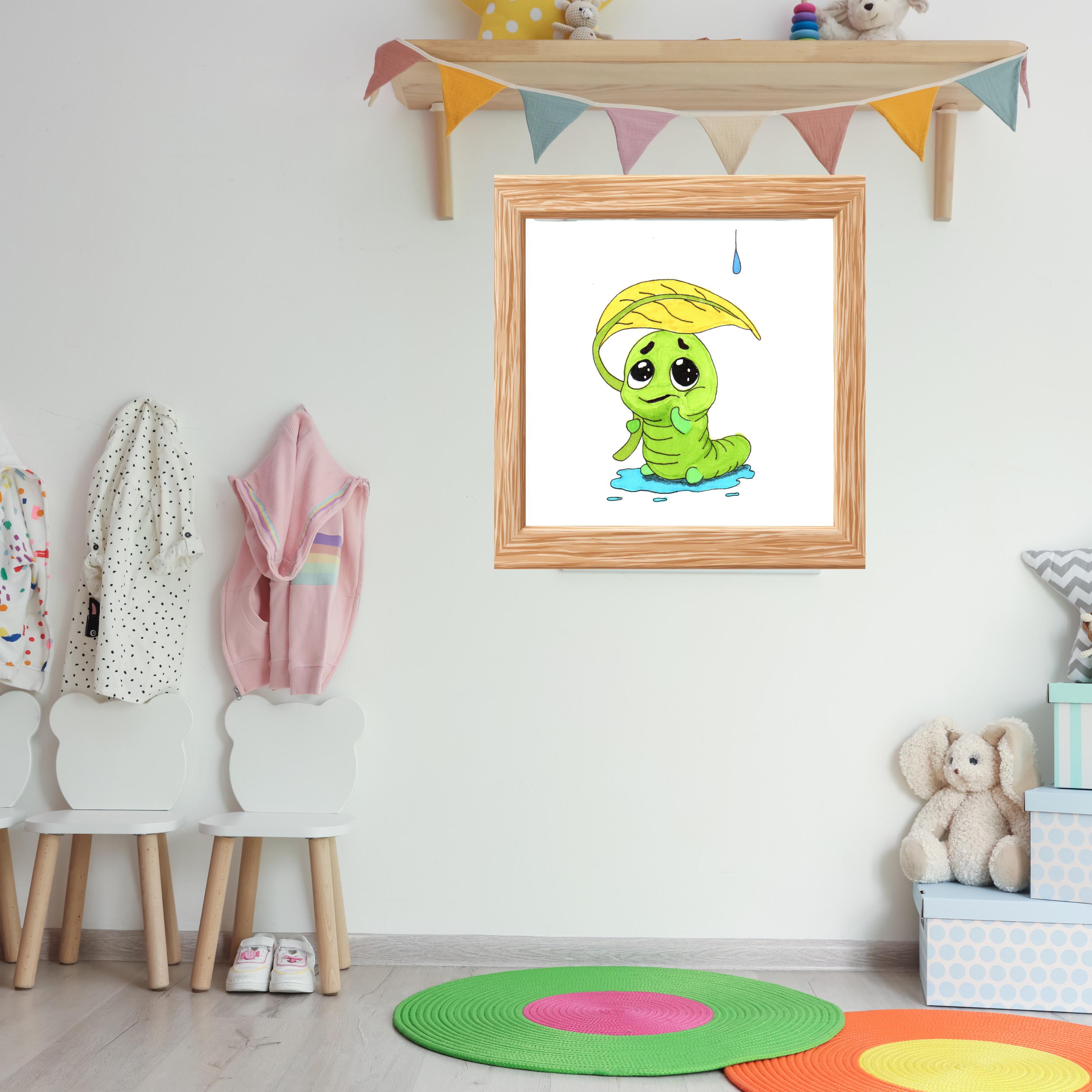 Leaf Umbrella Inchworm Pondering Print, Hand Drawn Rain Critter Art,