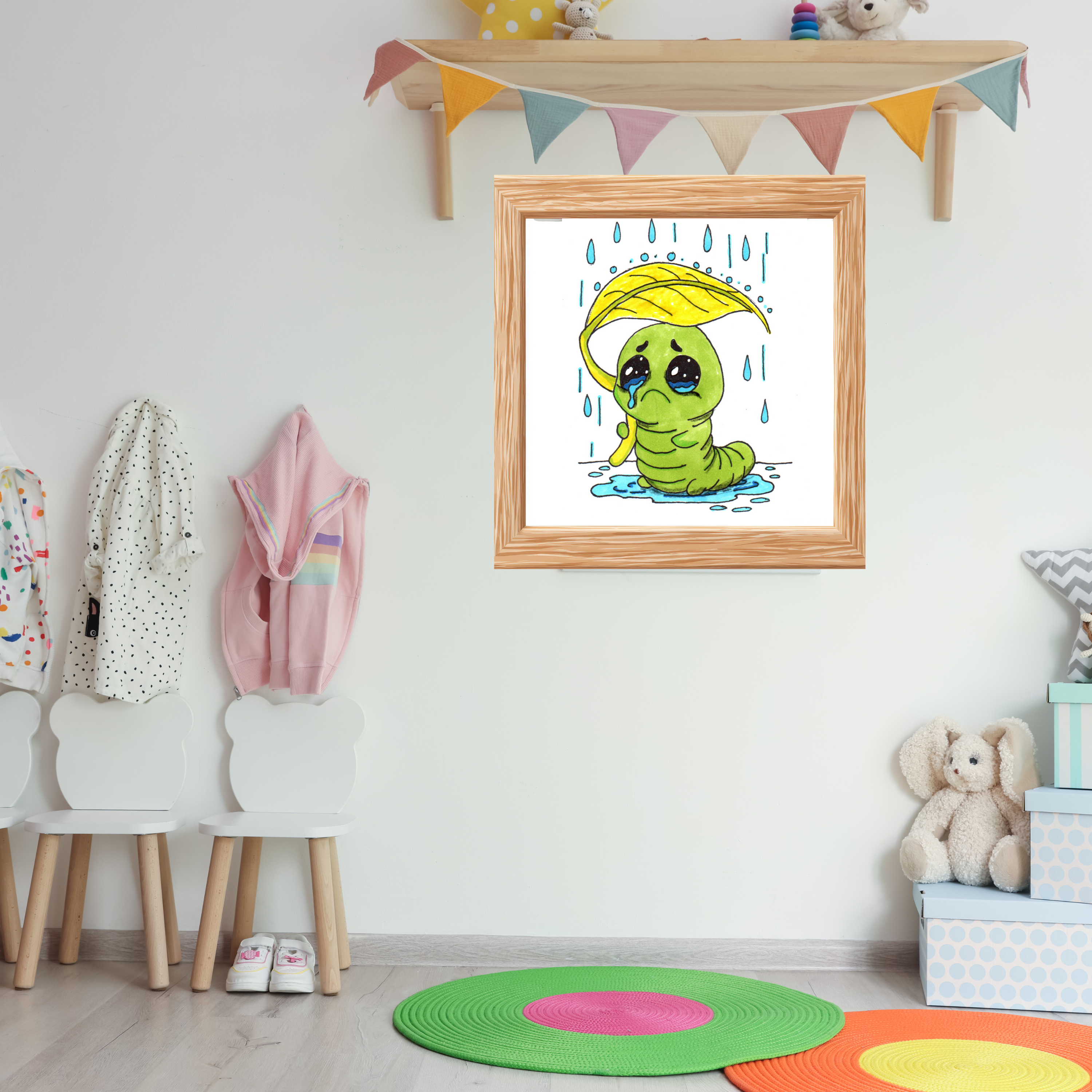 Sad Inchworm Rain Print, Hand Drawn Caterpillar Nursery Wall Art