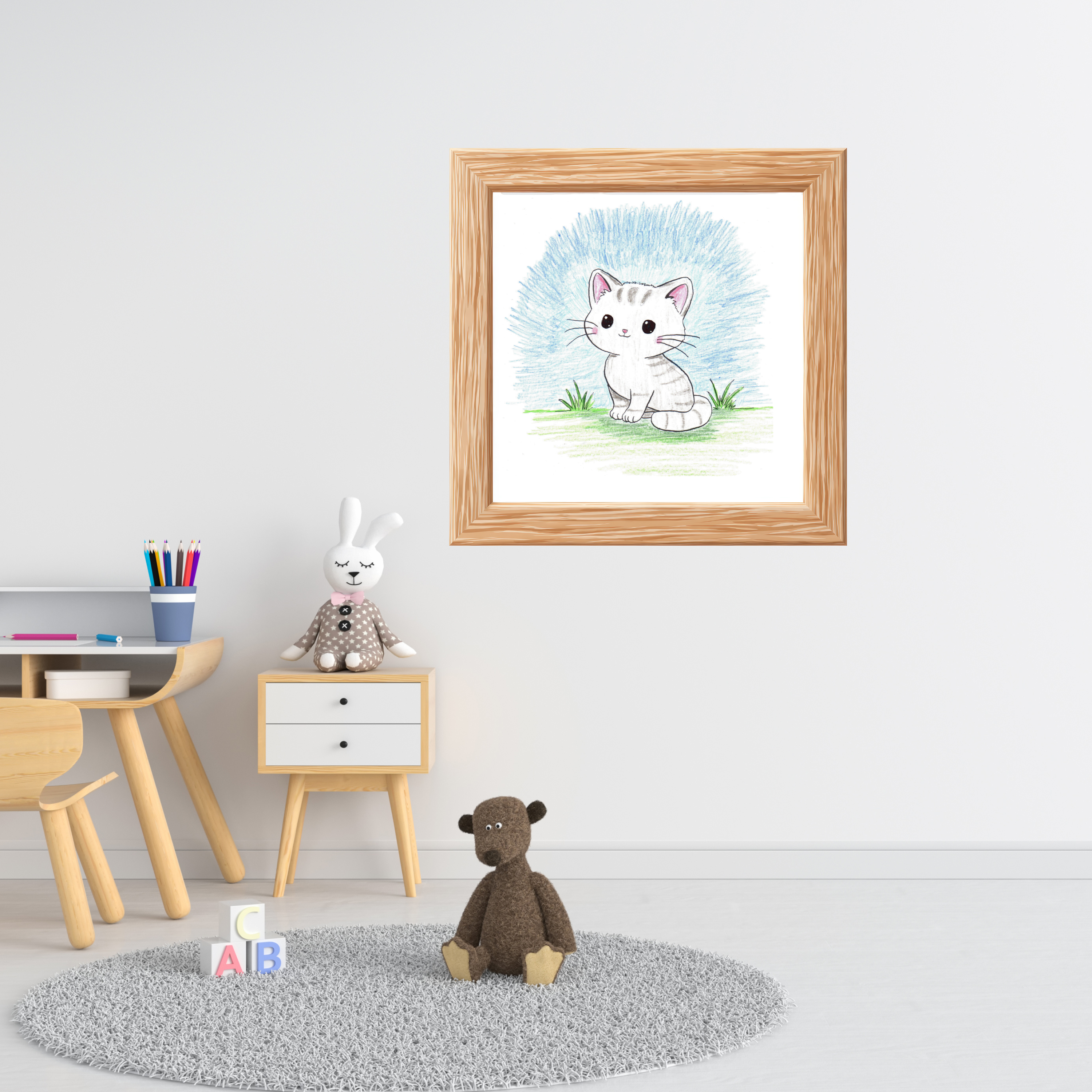 Cute Sitting Kitten Print, Hand Drawn Cat Wall Art, Nursery Decor, Whimsical Kitty Illustration