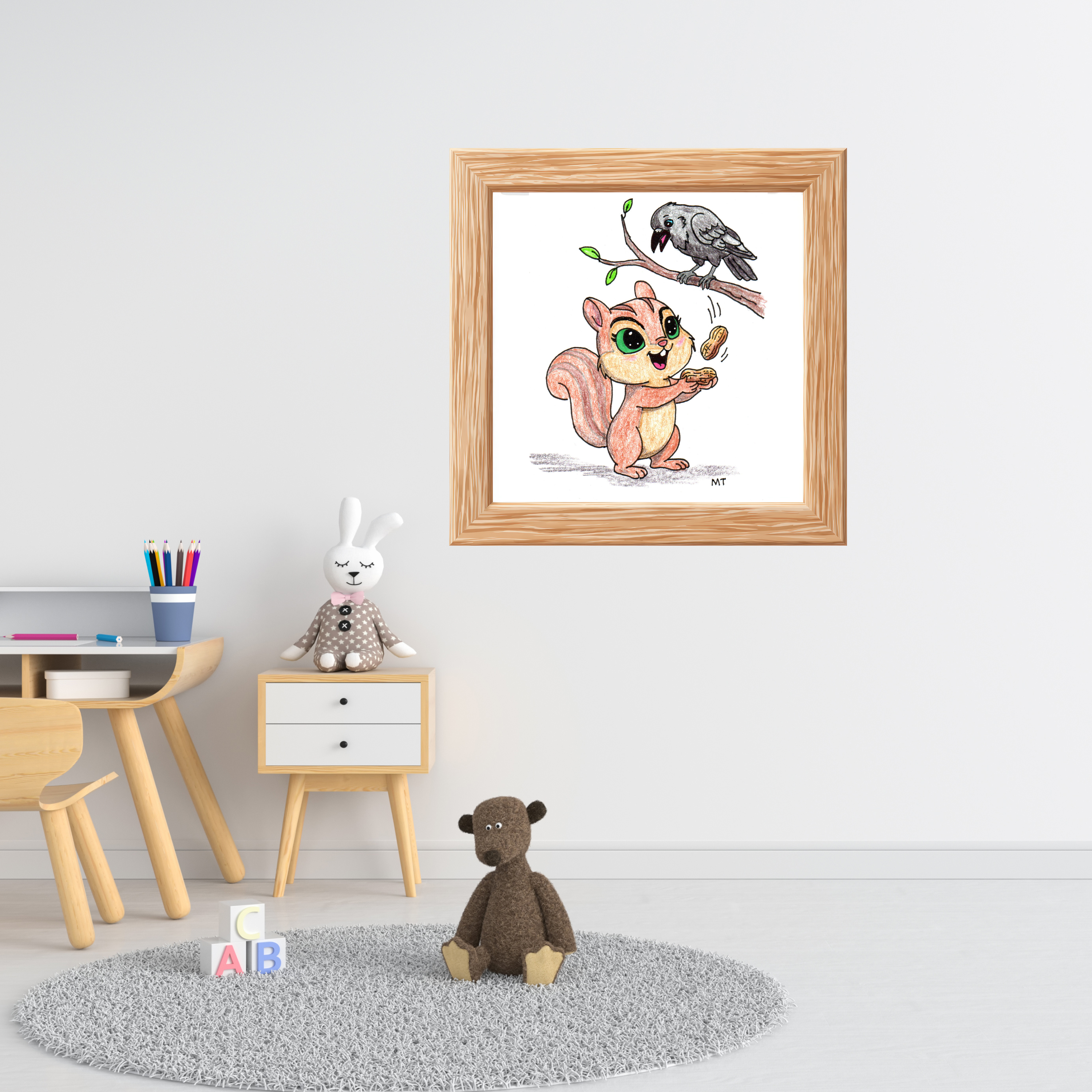 Happy Chipmunk and Crow Peanut Print | Woodland Animal Wall Art