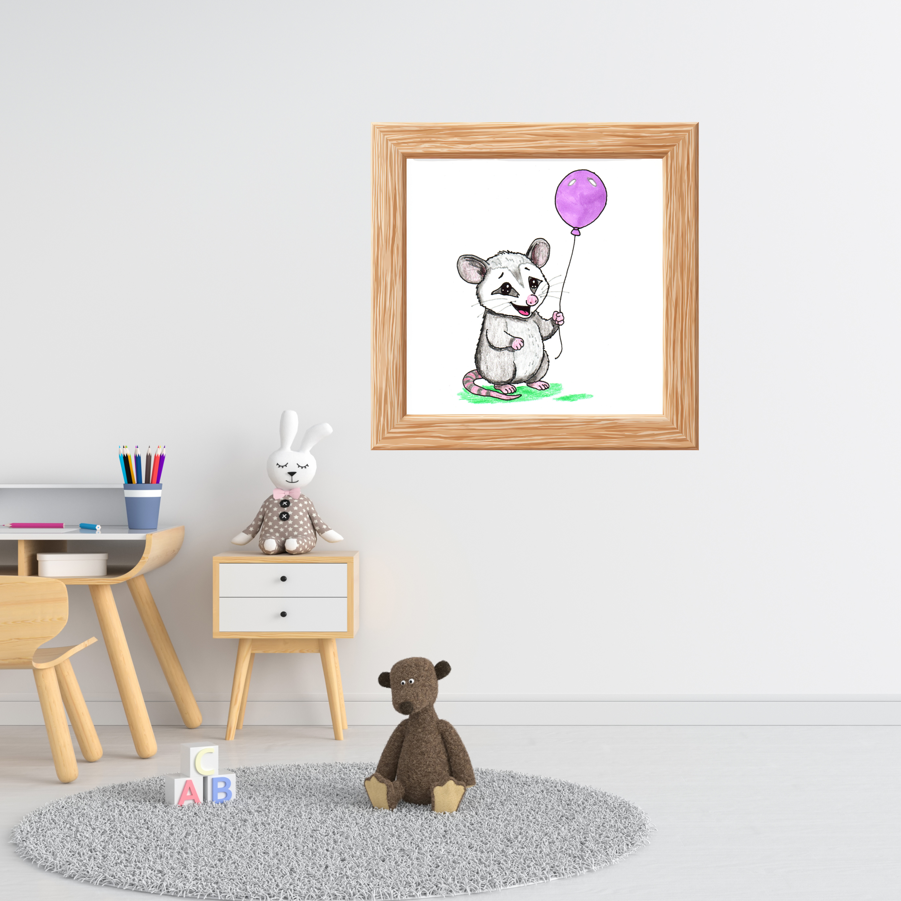 Opossum Found a Balloon Print | Hand Drawn Woodland Animal Wall Art