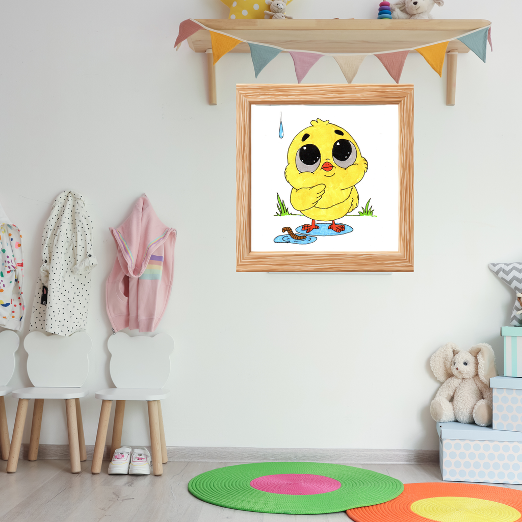Pondering Chick in the Rain Poster, Nursery Wall Art, Cute Animal Illustration Print