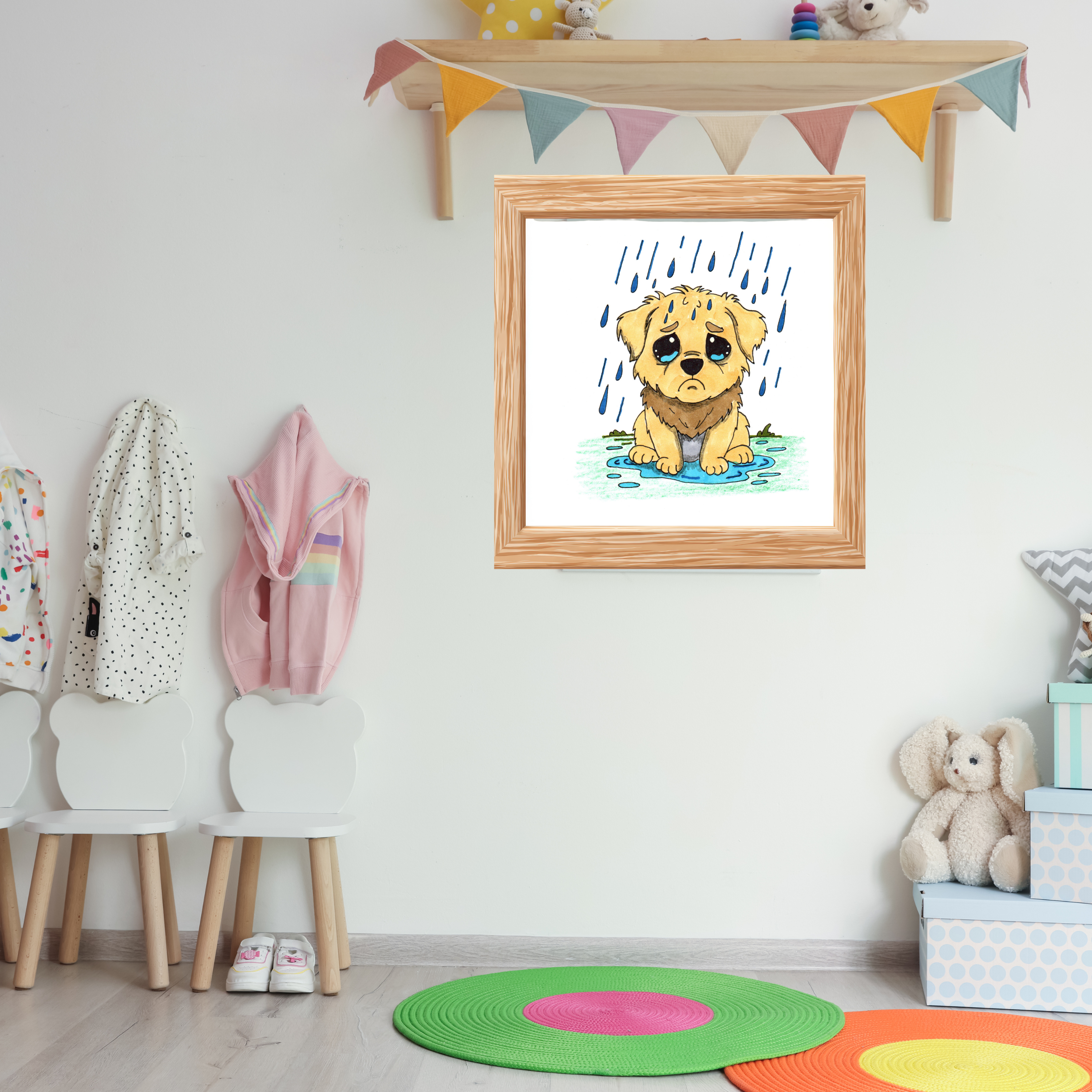 Sad Puppy in the Rain Art Print | Hand Drawn Puppy Wall Decor | Emotional Animal Artwork | Lost & Found Critter Poster