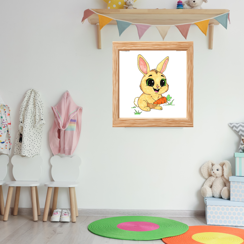 Happy Rabbit with Carrot Print, Cute Bunny Wall Art, Hand Drawn Nursery Decor