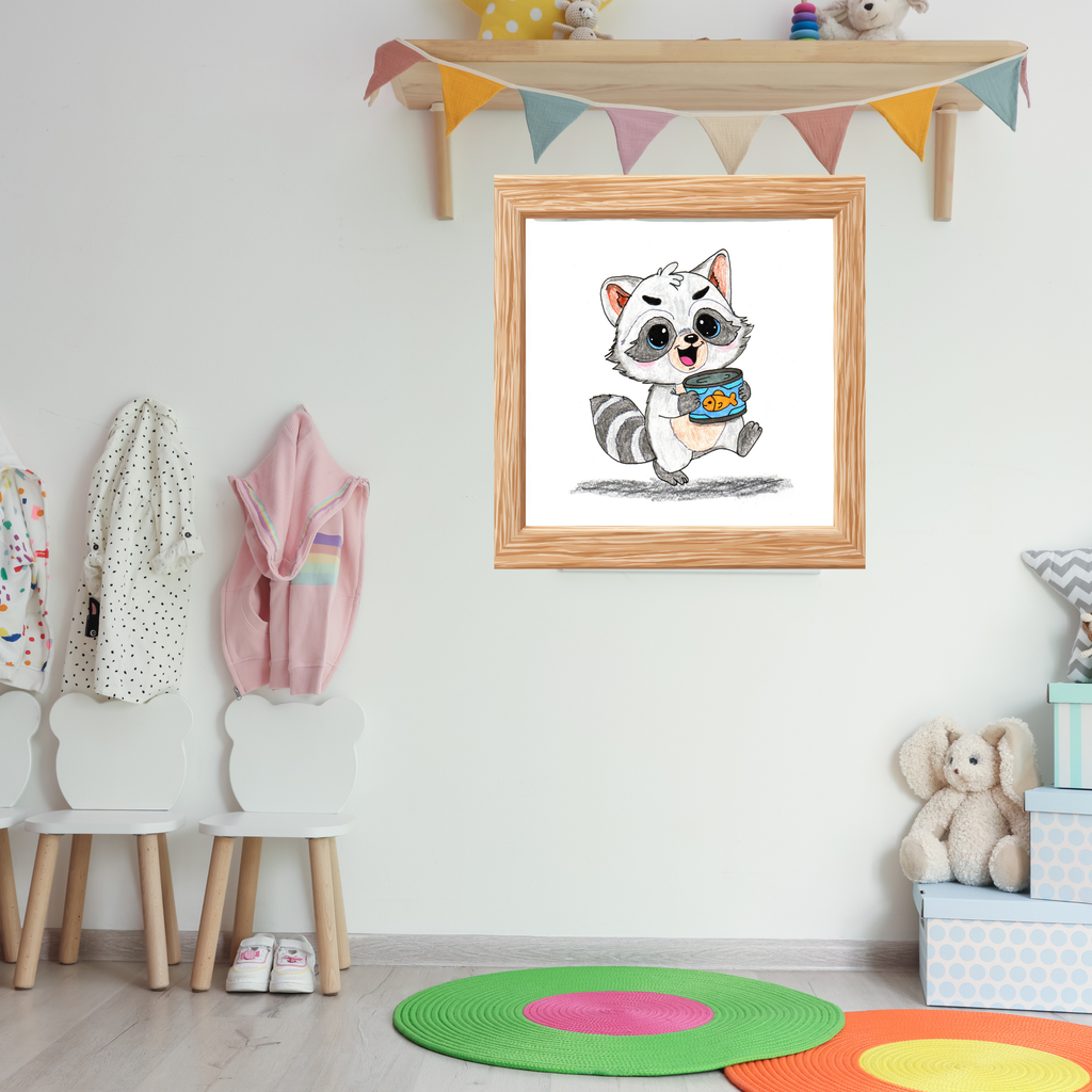 Happy Raccoon Print | Found Treasure Raccoon Wall Art | Hand Drawn Woodland Animal