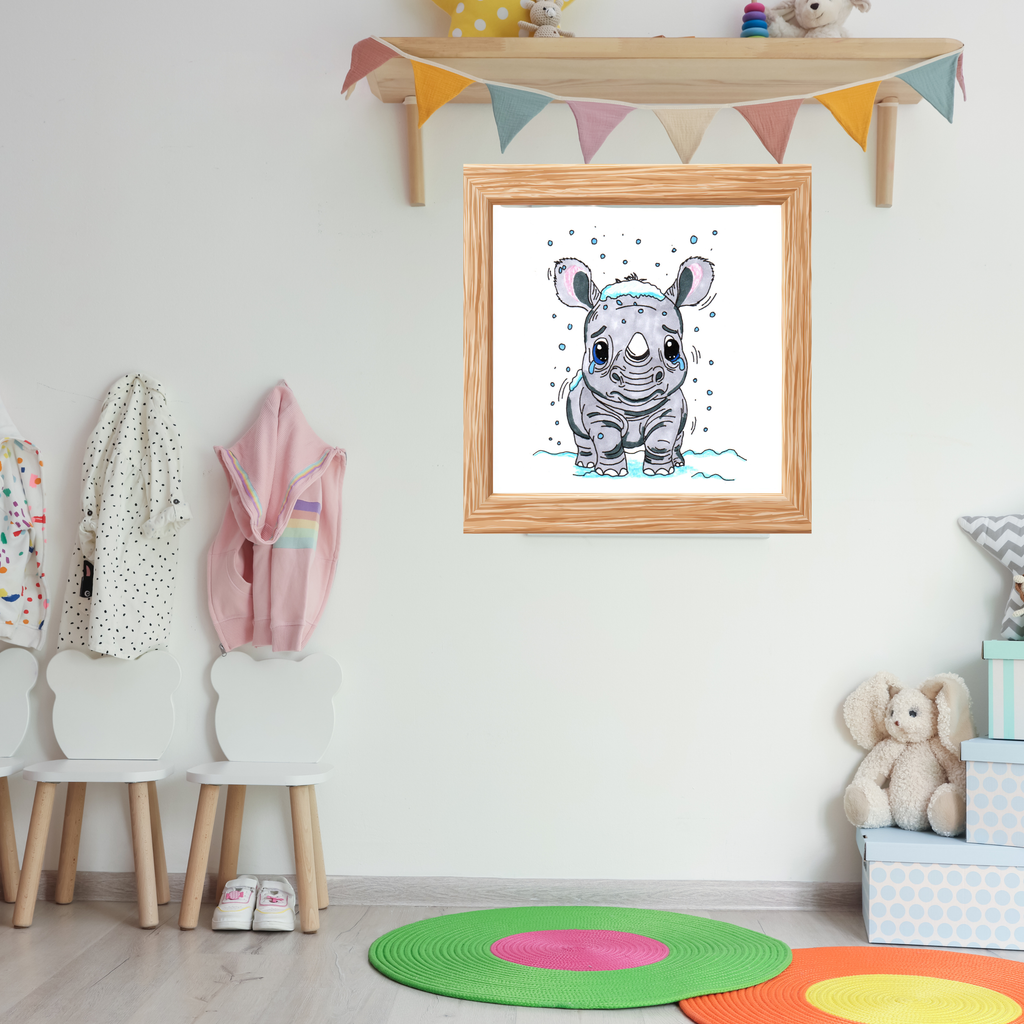 Sad Rhino in the Snow Poster, Nursery Wall Art, Cute Animal Illustration Print