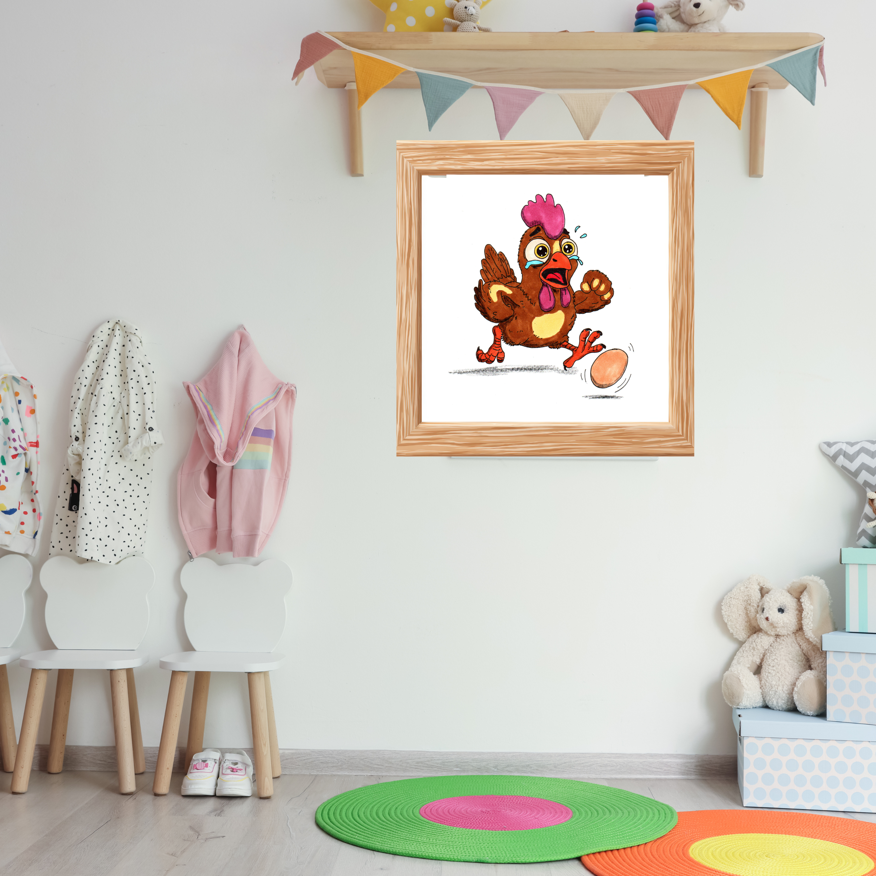 Rooster Lost the Egg Print, Funny Chicken Wall Art, Hand Drawn Farm Animal Illustration