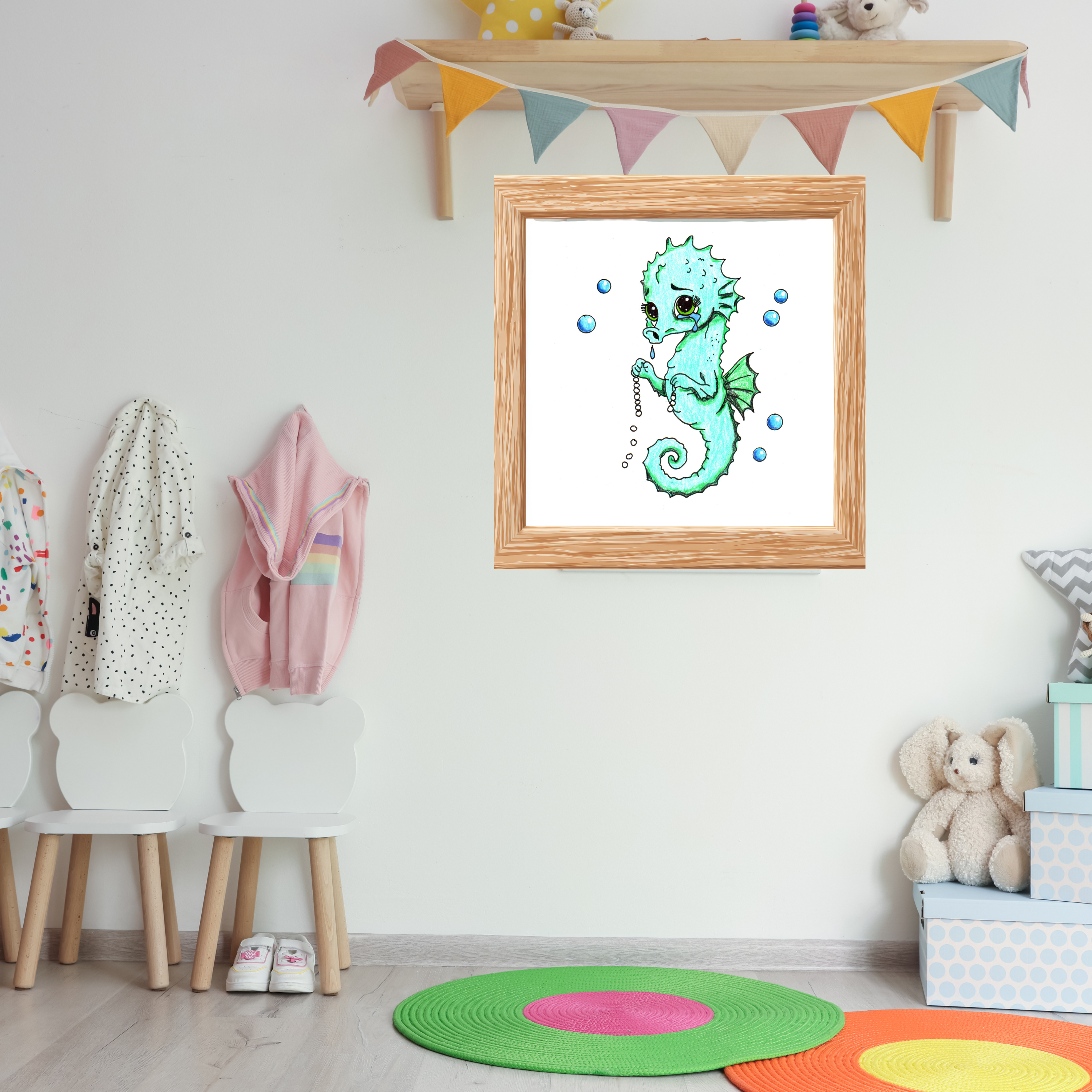 Lost Something Precious? Sad Seahorse Pearl Necklace Art Print | Cute Seahorse Gift