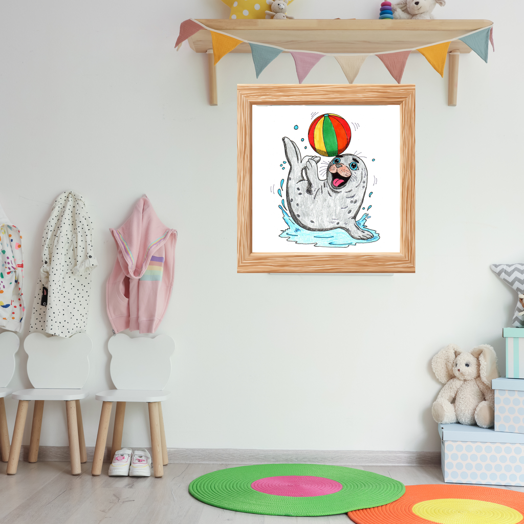 Seal Found Her Beach Ball Print | Hand Drawn Ocean Animal Wall Art | Happy Seal Illustration
