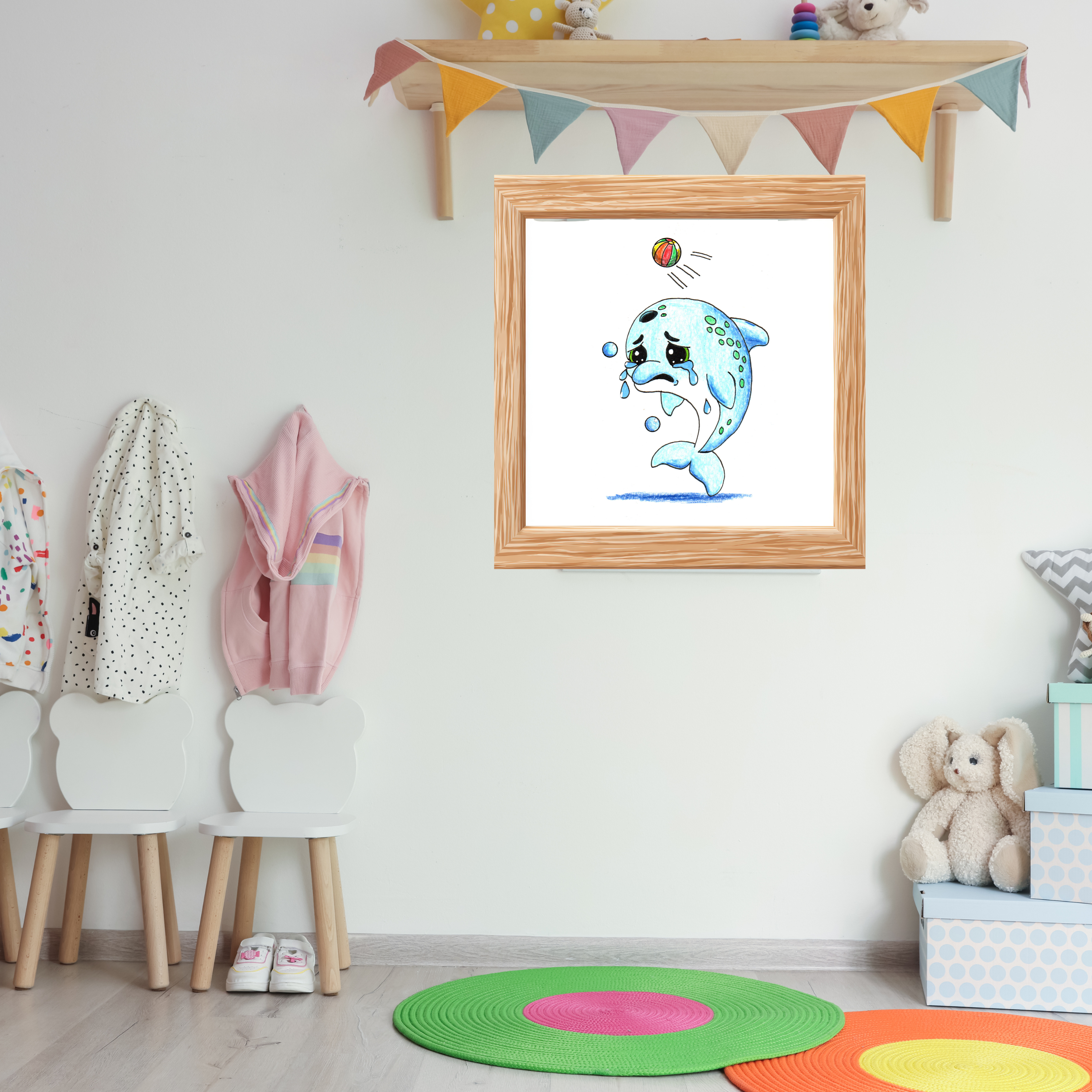 Sad Dolphin Lost Her Beach Ball Print, Hand Drawn Dolphin Wall Art, Ocean Nursery Decor, Cute Sea Animal Illustration
