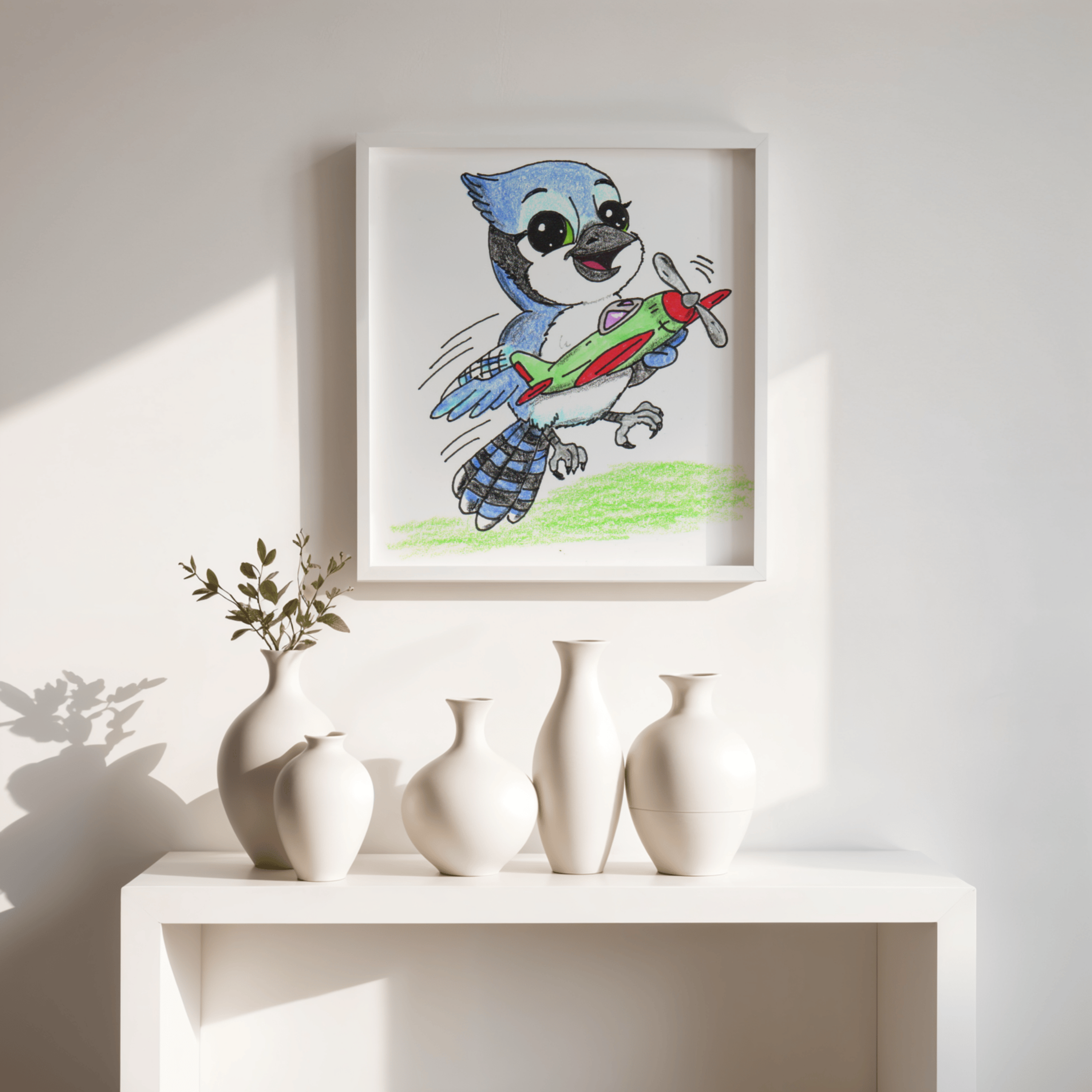 Blue Jay Found a New Airplane | Lost & Found Critters | Hand Drawn Blue Jay Art Print