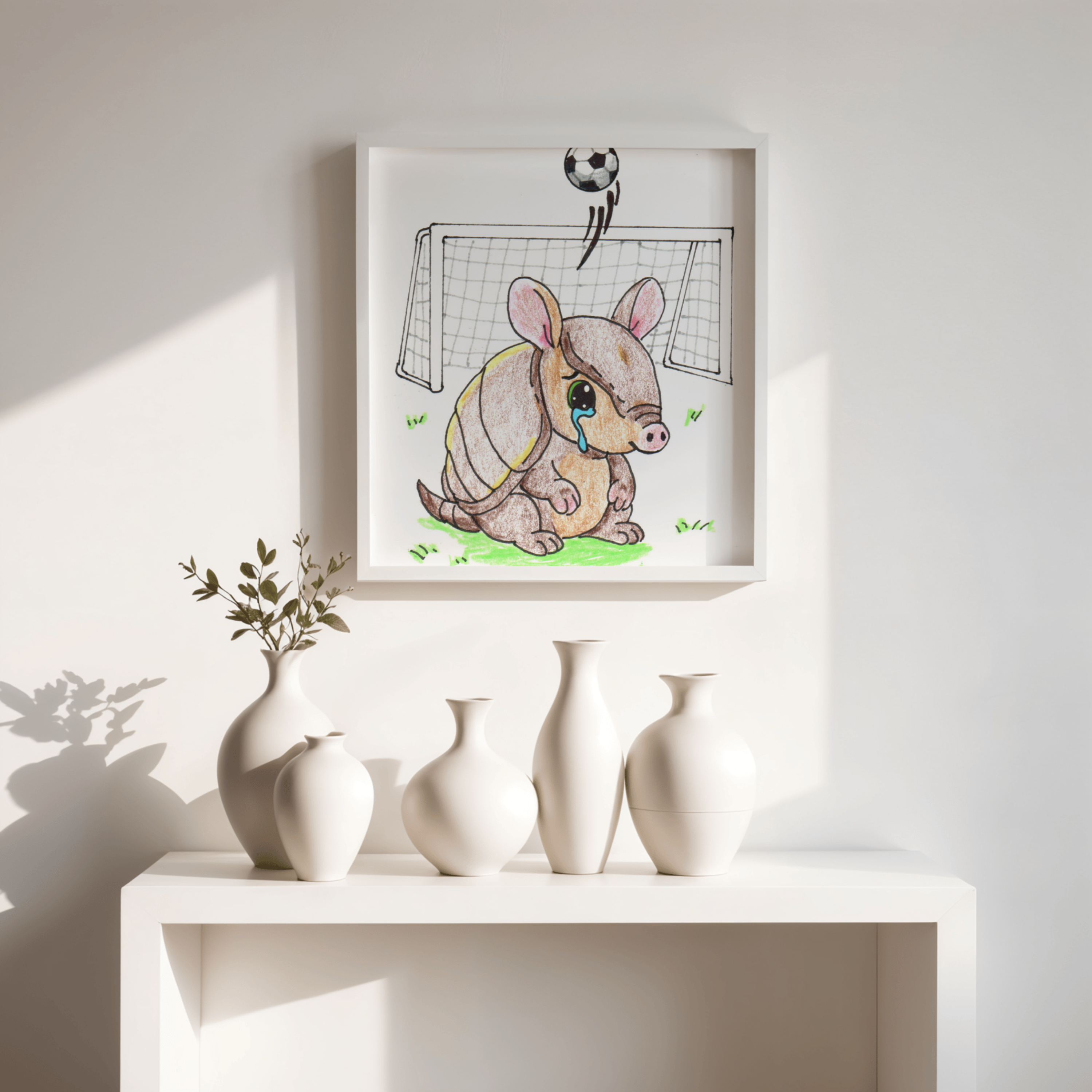 Sad Armadillo Soccer Print, Hand Drawn Lost and Found Critter Wall Art,