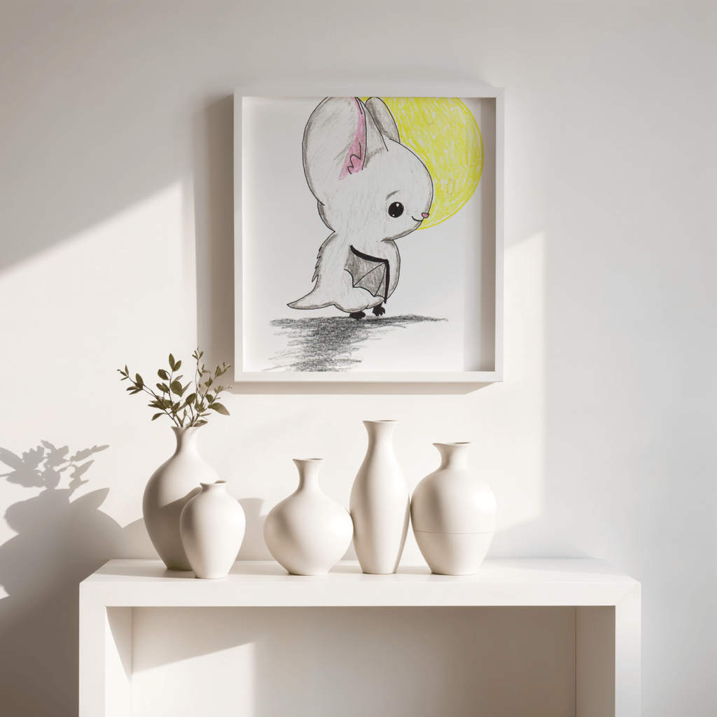 Bat in Moonlight Print, Cute Bat Wall Art, Hand Drawn Nursery Decor, Whimsical Animal Illustration