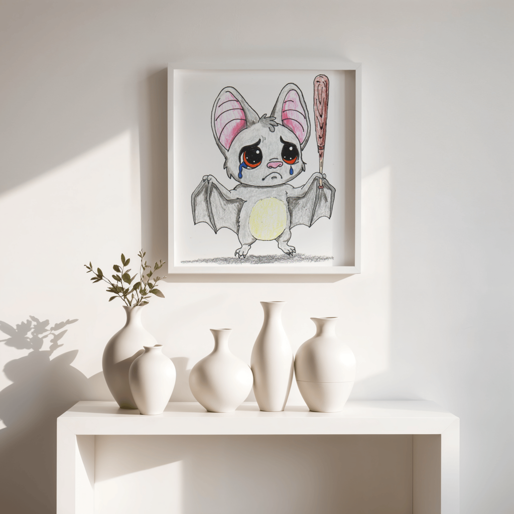 Lost His Baseball Bat Print | Sad Bat Wall Art | Lost & Found Critter 8x10 Print