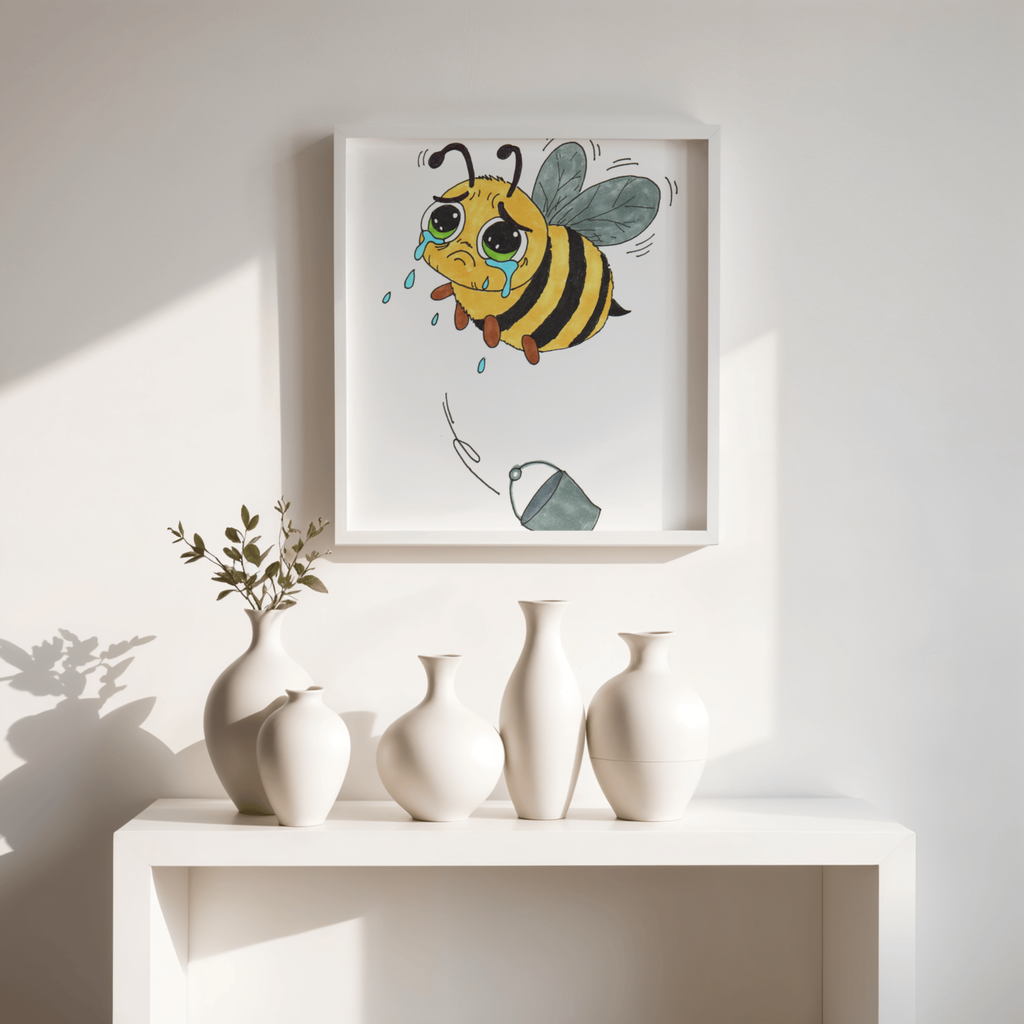 Bee Lost Her Bucket Print, Sad Bumblebee Wall Art, Hand Drawn Bee Illustration, Whimsical Insect Decor, Nursery Art, Lost and Found Critters