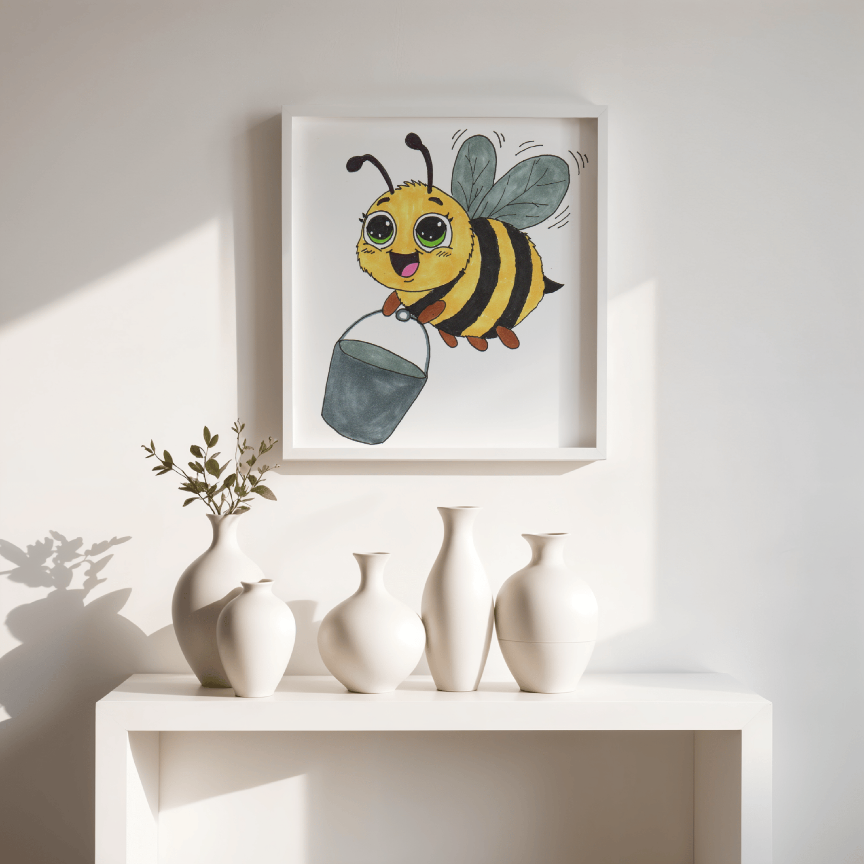 Bee Found Her Bucket Print, Hand Drawn Bee Illustration, Whimsical Insect Decor, Nursery Art, Lost and Found Critters