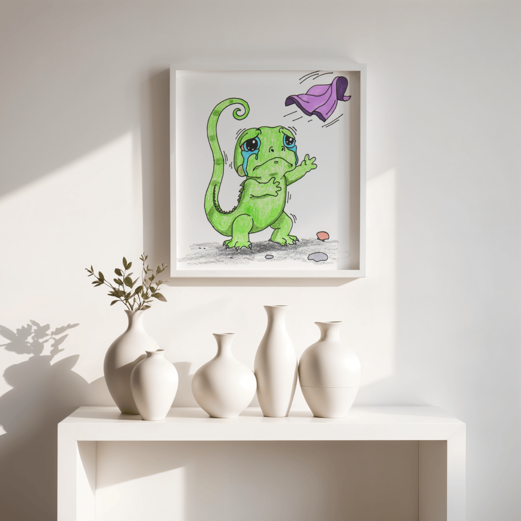Sad Lizard Blanket Story Print, Hand Drawn Nursery Wall Art