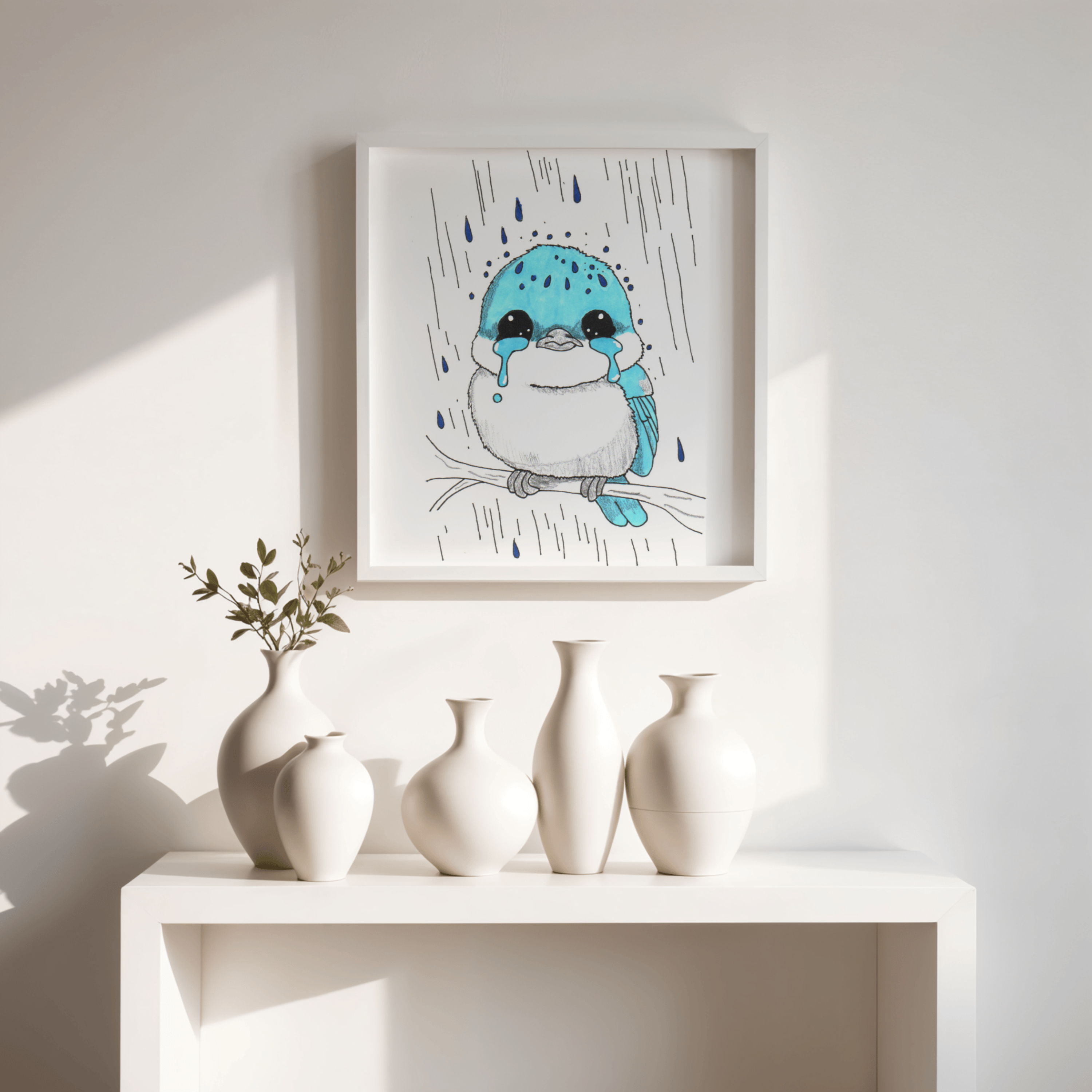 Sad Bluebird in the Rain Poster, Nursery Wall Art, Cute Animal Illustration Print