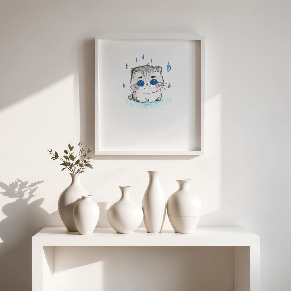 Blue Eyed Kitten in Rain Print, Hand Drawn Cat Wall Art, Sad Kitten Illustration, Nursery Decor, Cat Lover Gift