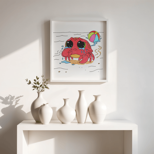Crab - Sad Crab Lost Her Ball Print, Hand Drawn Crab Wall Art, Whimsical Nursery Decor, Woodland Animal Illustration