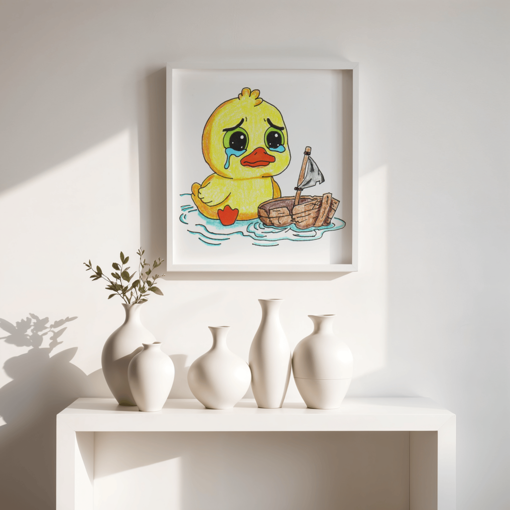 Sad Duckling with Broken Boat Print | Hand Drawn Lost & Found Critter Wall Art