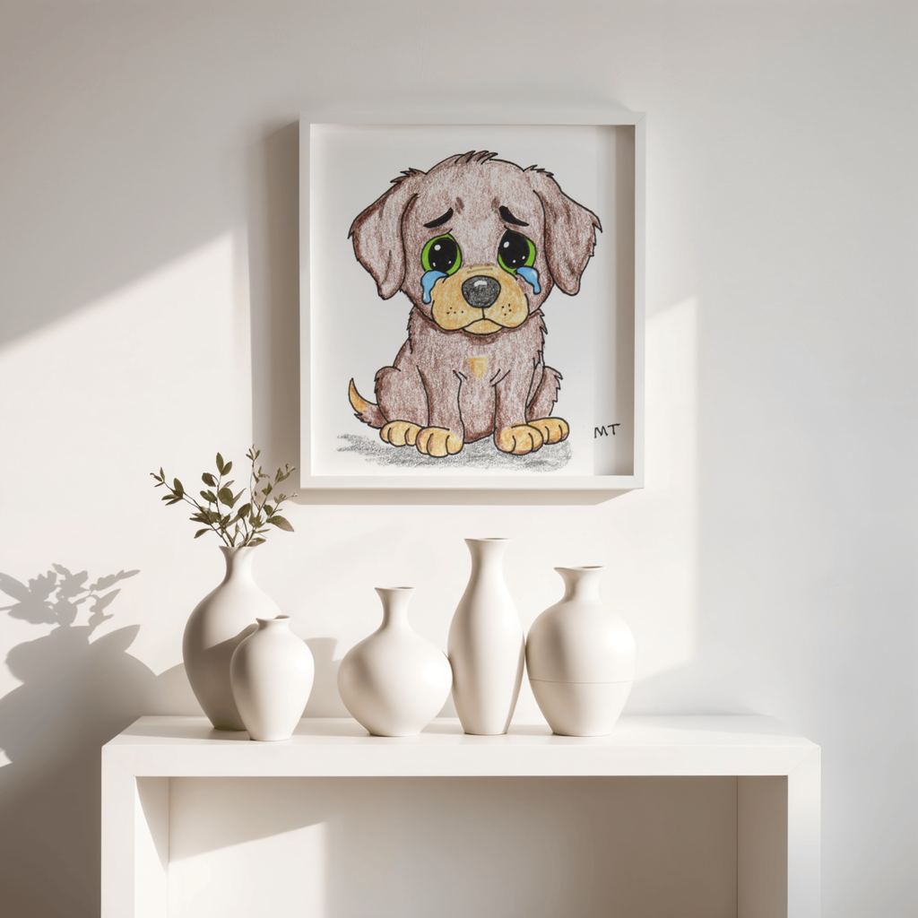 Sad Puppy Wall Art Print, Hand Drawn Dog Illustration, Lost Bone Puppy, Nursery Decor, Kids Room Art