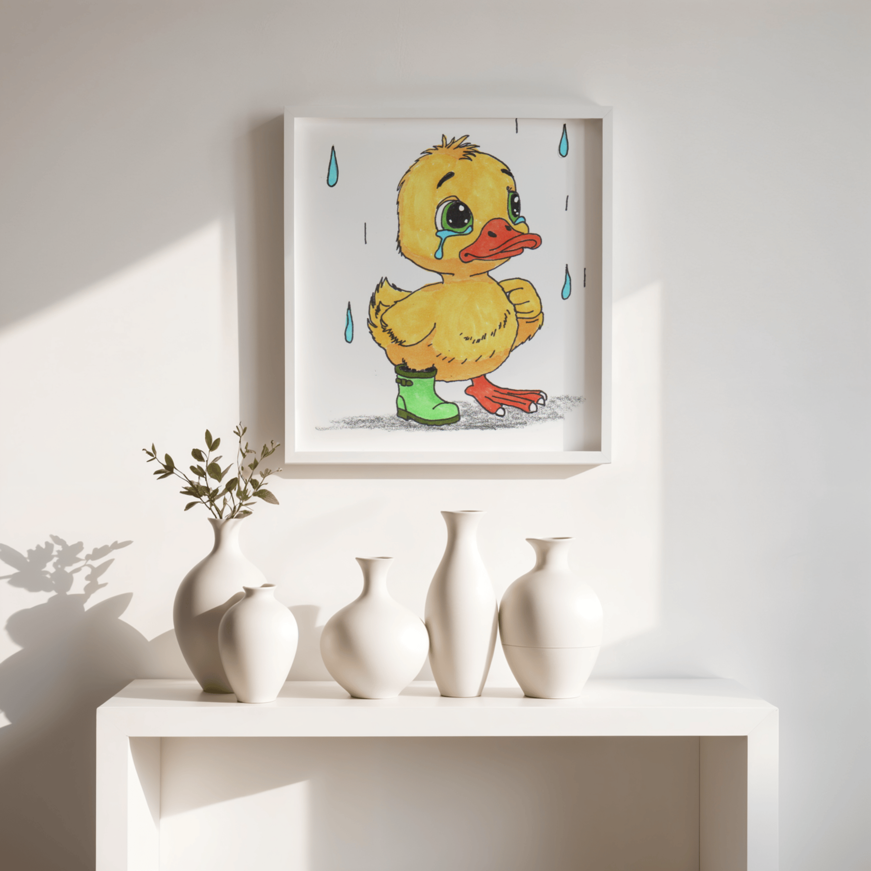 Sad Duck Lost Her Rain Boot Print, Hand Drawn Duckling Wall Art, Nursery Decor, Woodland Critter Illustration