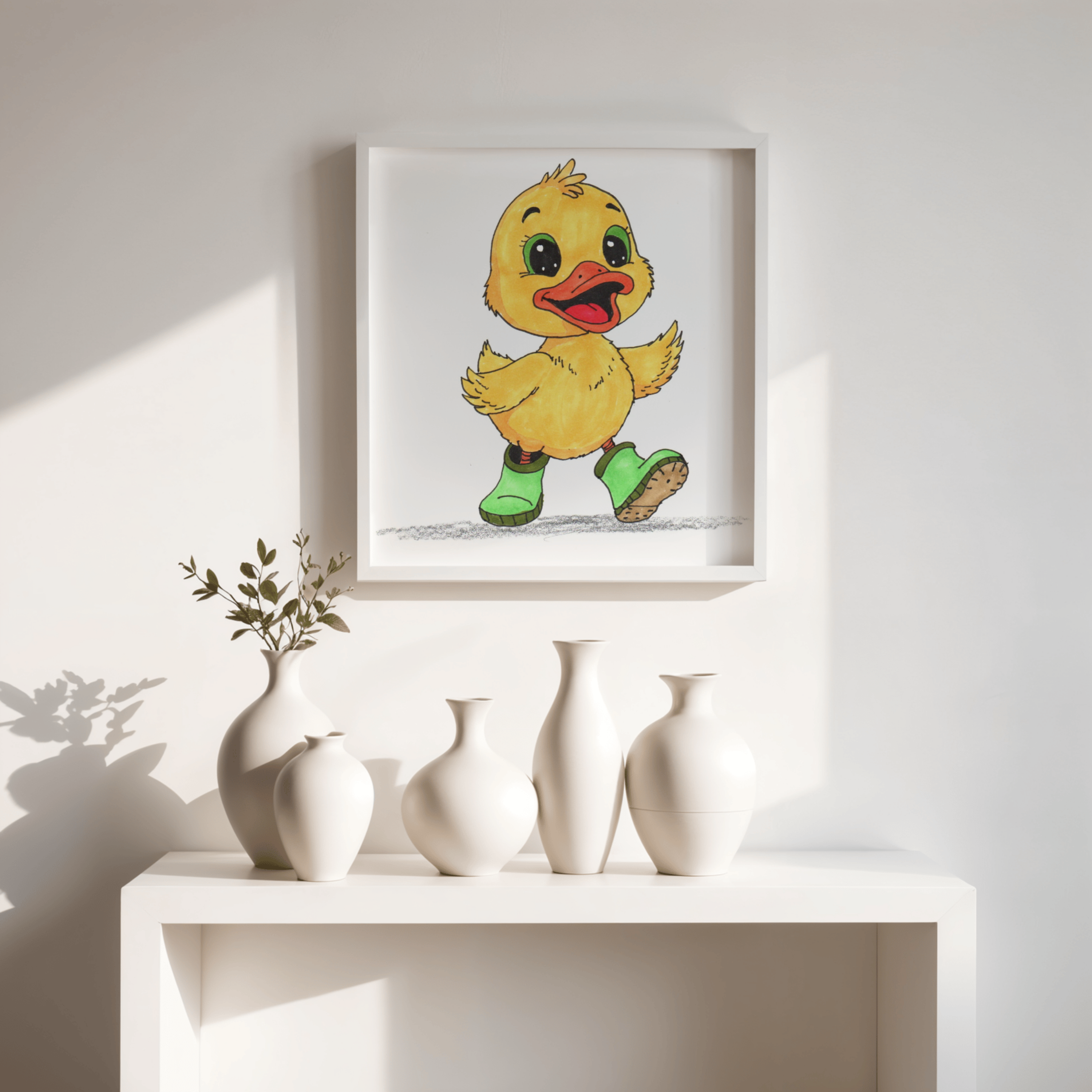 Duck Found Her Rain Boot Print, Hand Drawn Duckling Wall Art, Nursery Decor, Happy Duck Illustration