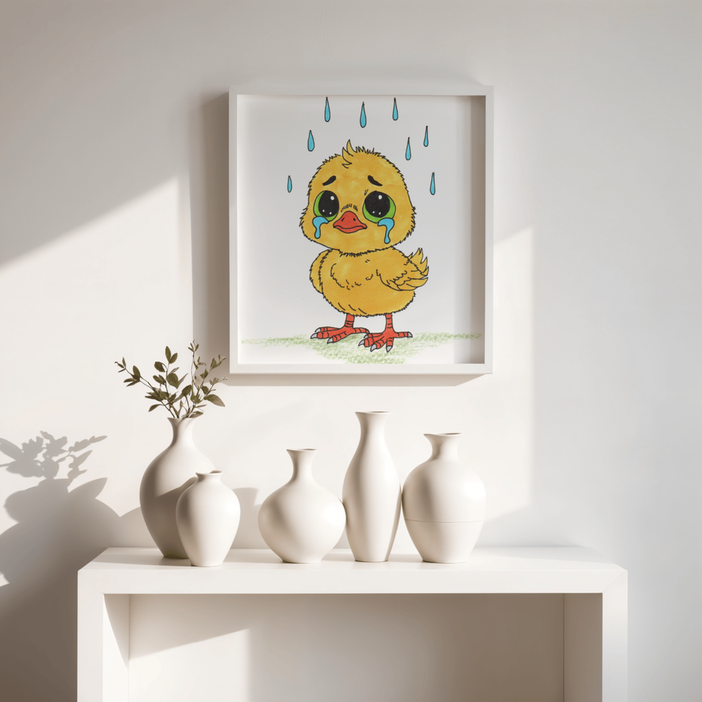 Sad Chick in the Rain Print, Hand Drawn Baby Bird Wall Art, Nursery Decor, Emotional Animal Illustration, Kids Room Artwork