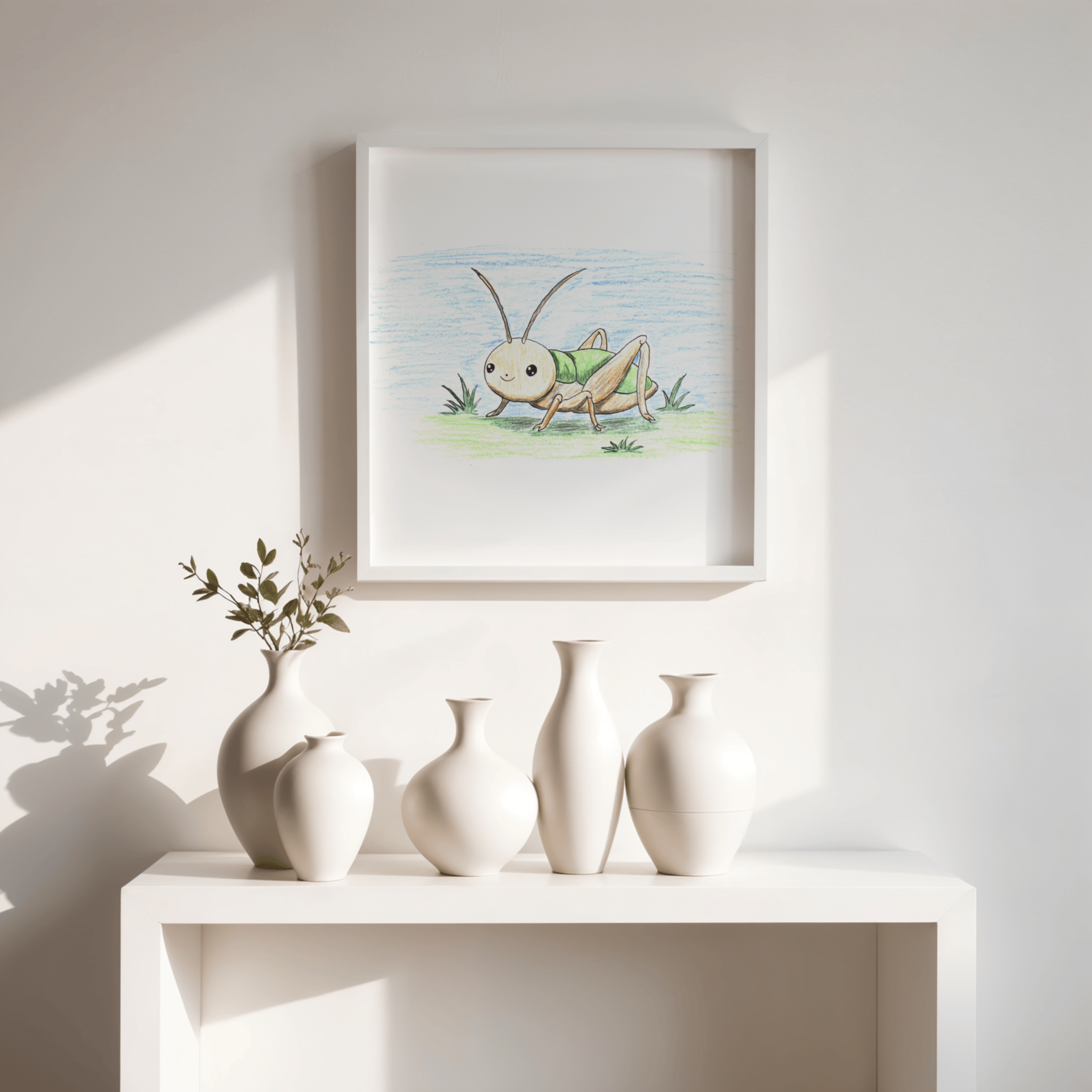 Smiling Cricket in Field Print, Hand Drawn Cricket Wall Art, Nature Nursery Decor, Whimsical Cricket Artwork, 8x10 Print