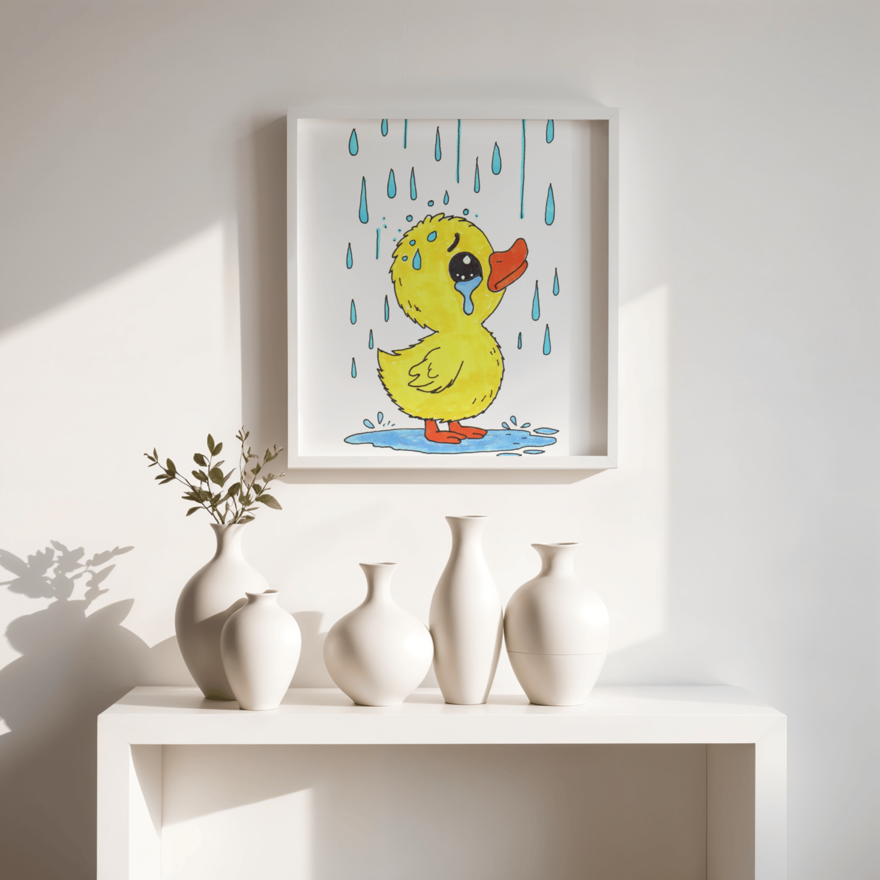 Duckling in the Rain Print, Sad Duck Wall Art, Hand Drawn Duckling Illustration, Rainy Day Nursery Decor, Whimsical Animal Art