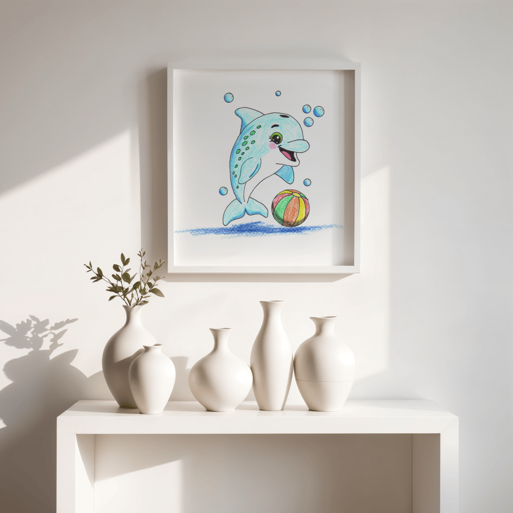 Happy Dolphin Found Her Beach Ball Print, Hand Drawn Dolphin Wall Art