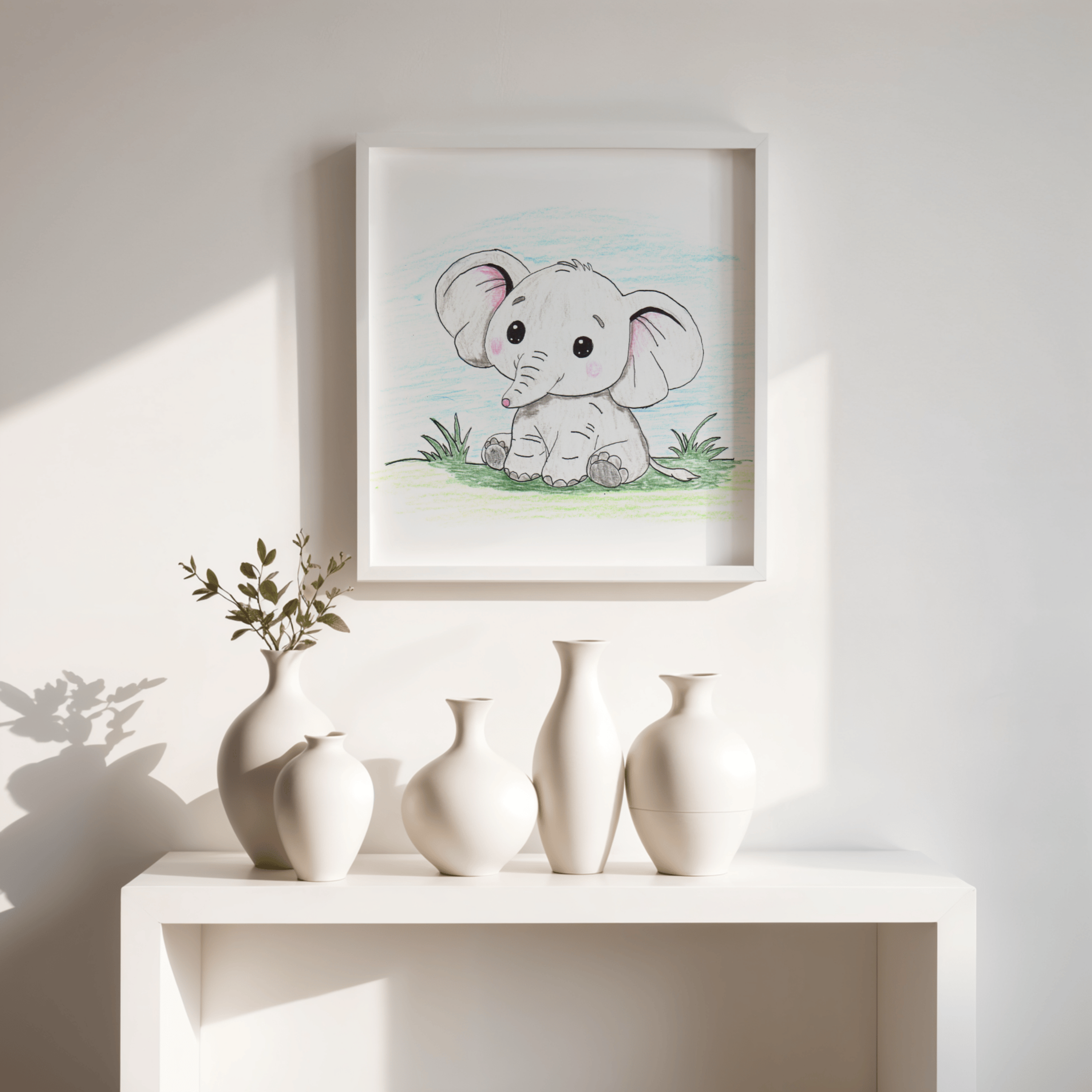 Elephant Sitting on the Grass Print, Cute Elephant Wall Art, Hand Drawn Nursery Decor