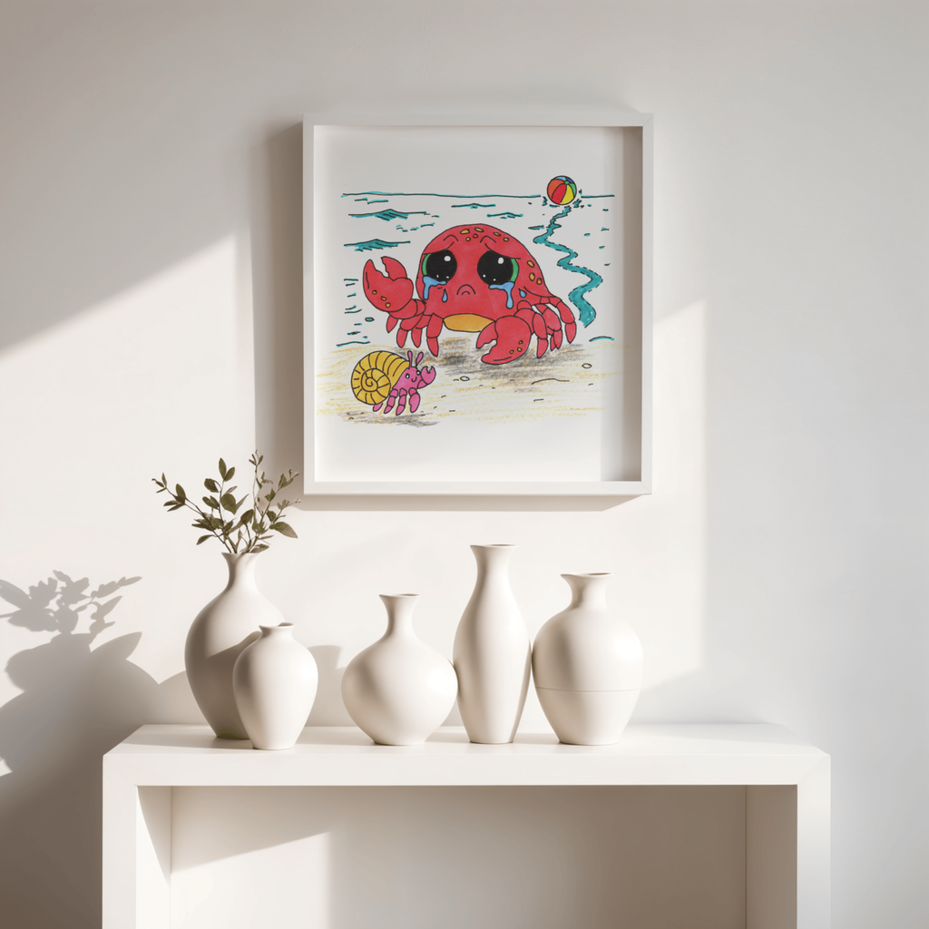 Crab - Sad Crab Finds a New Friend Print, Hand Drawn Crab Wall Art, Beach Friendship Decor, Whimsical Ocean Animal Illustration